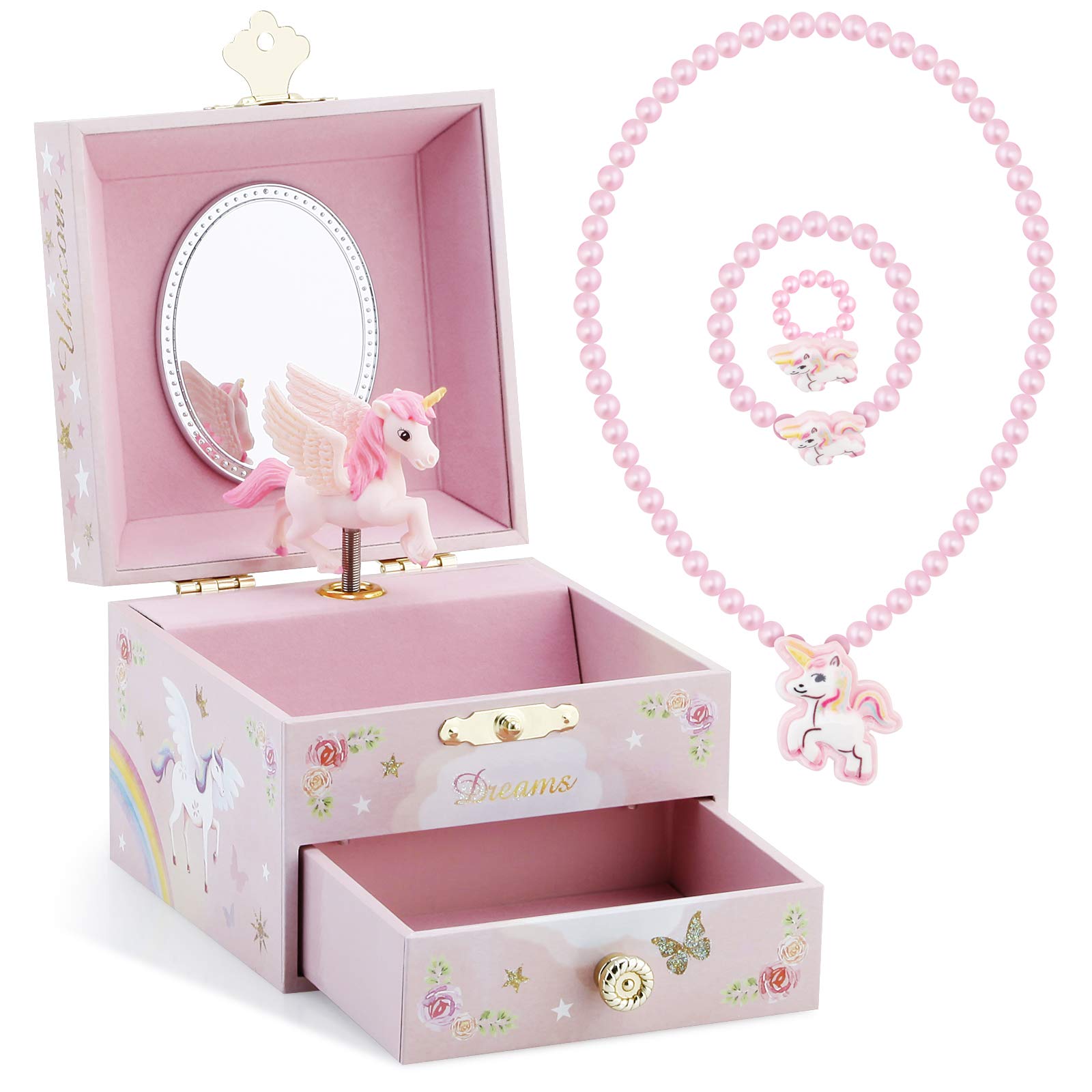 RR ROUND RICH DESIGN Unicorn Musical Jewelry Box for Girls - Pink Jewelry Storage with Drawer & Jewelry Set, Plays 'Over the Waves' Melody - Perfect Gift for Birthdays, Christmas & Room Decor