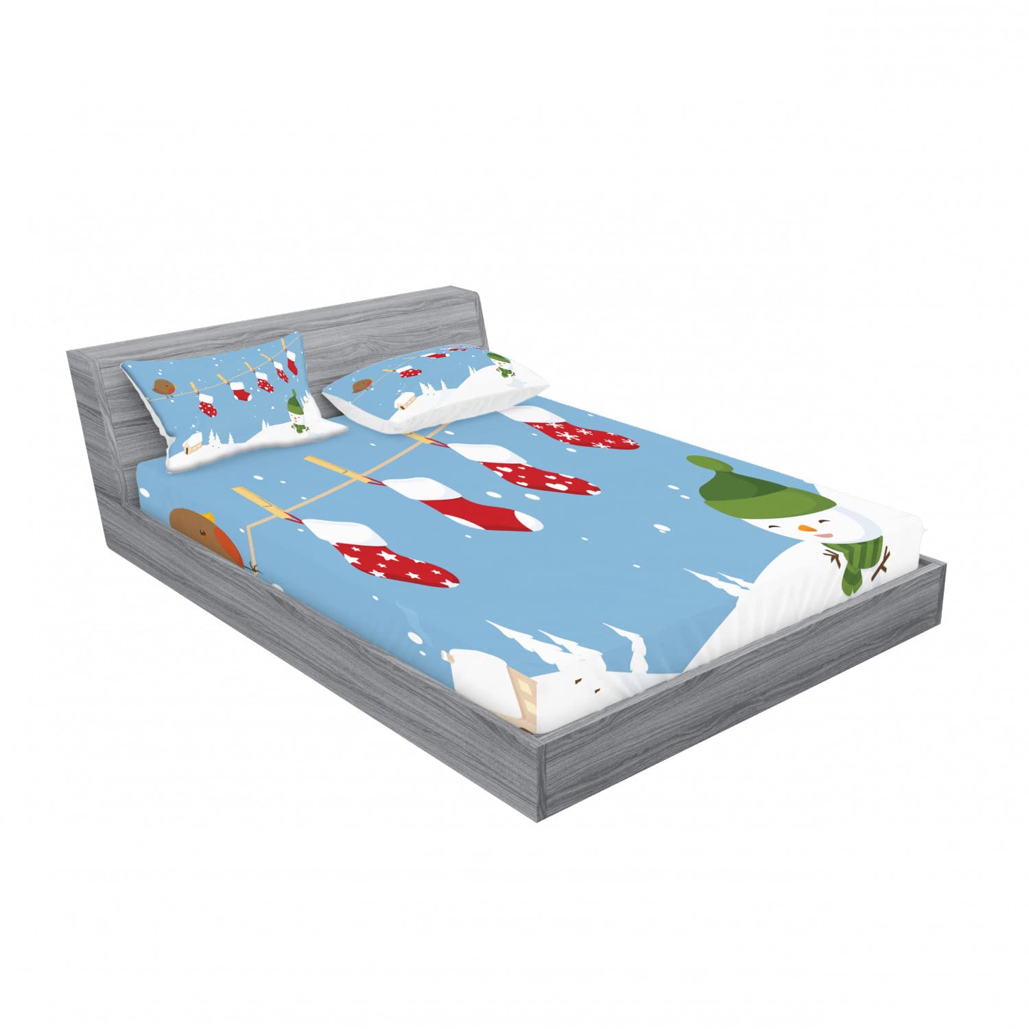 Ambesonne Christmas 2-Pack Fitted Sheet & Pillow Sham Set - Socks Hanging Bird Design, 4-Piece Bedding Decor (2 Full Size Fitted Sheets & 4 Pillow Covers) - White & Blue Holiday Theme - Perfect for Christmas Bedroom Decorations & Festive Home Styling