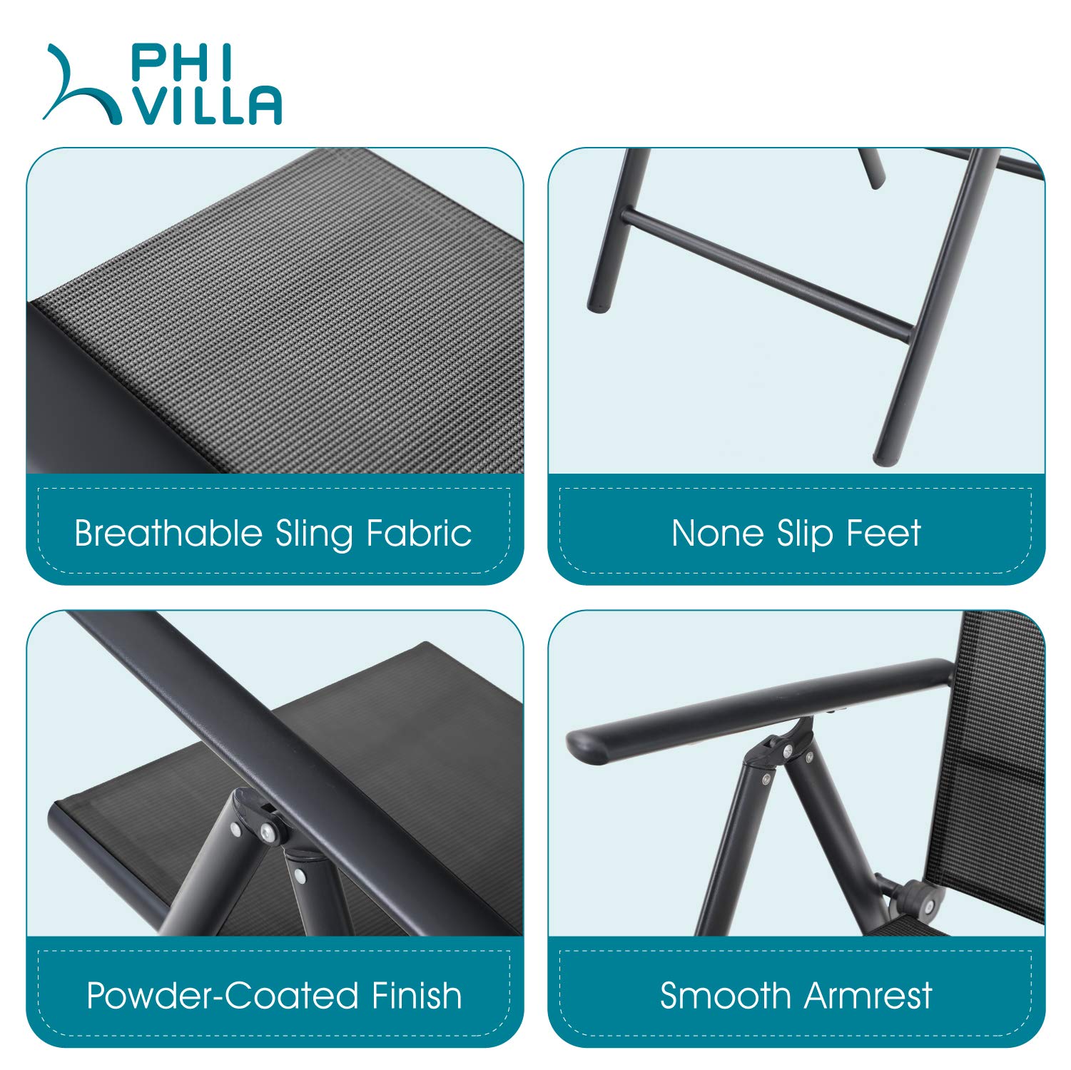 PHI VILLA 3-Piece Patio Bistro Set - 2 Reclining Folding Sling Chairs & 1 Round Metal Side Table - Outdoor Garden Furniture for Balcony, Deck, Porch or Backyard Relaxation
