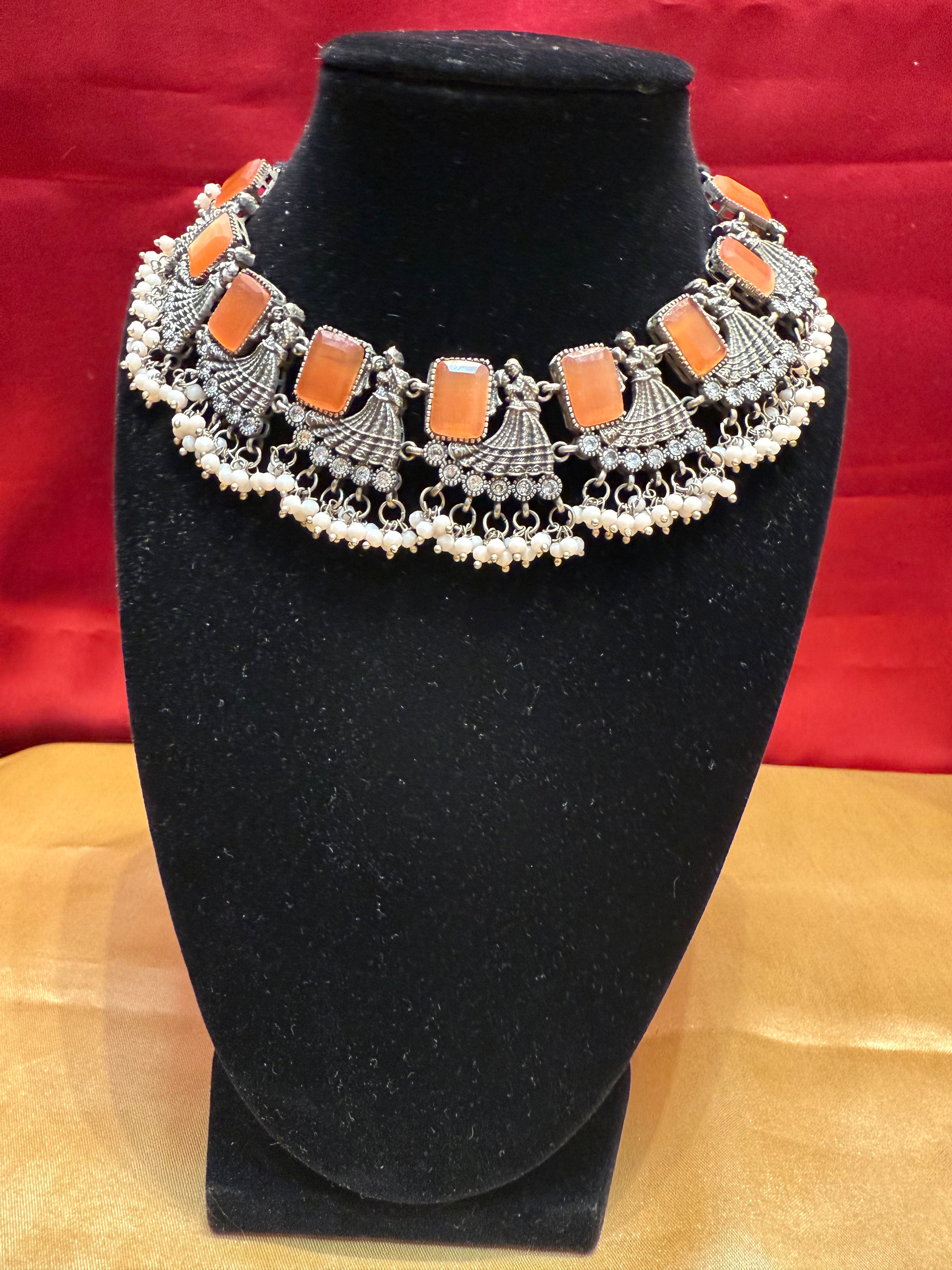 Elegant Pastel Orange Stone Studded Oxidized Designer Necklace for Women | Boho Chic Jewelry Gift for Her | Perfect for Date Night, Weddings & Special Occasions