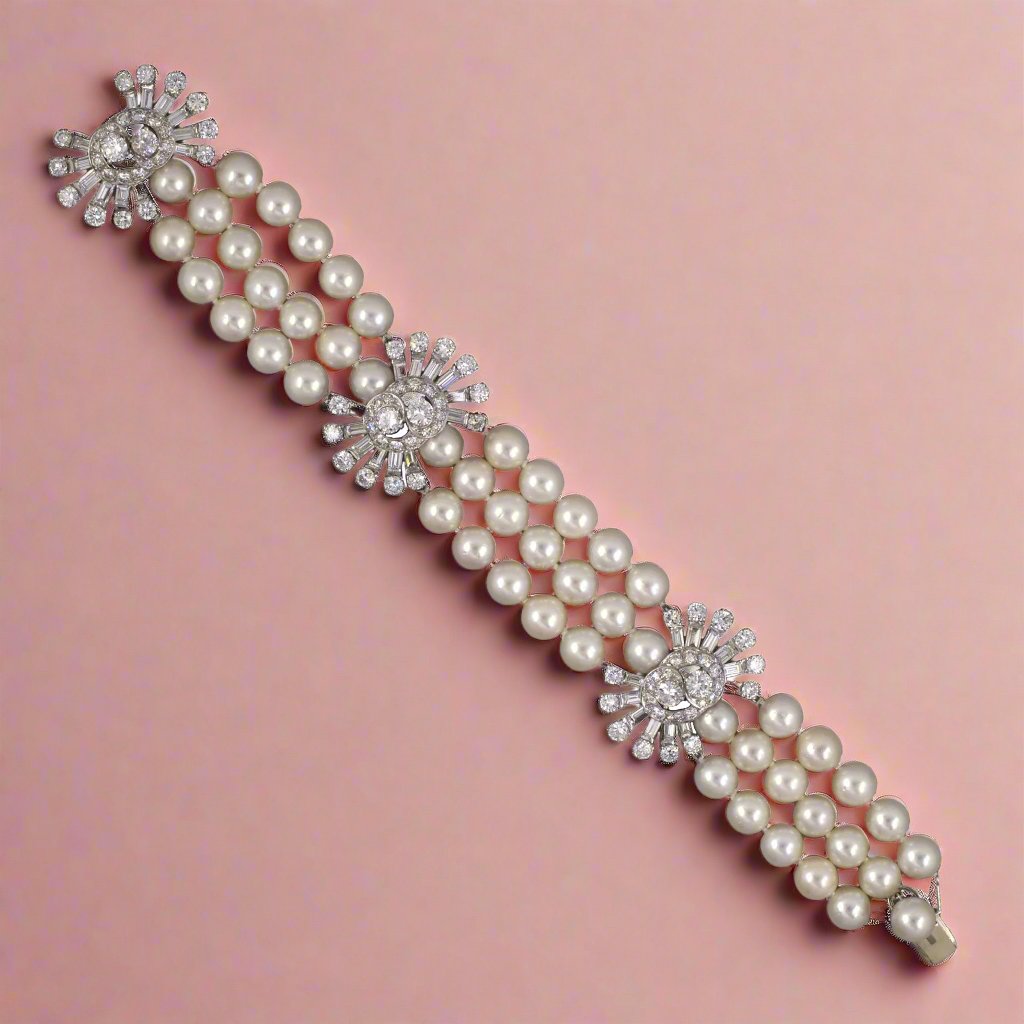 Luxury White Akoya Pearl & Diamond Bracelet for Women - 14K Gold Plated Elegant Jewelry Gift for Wedding, Anniversary & Special Occasions