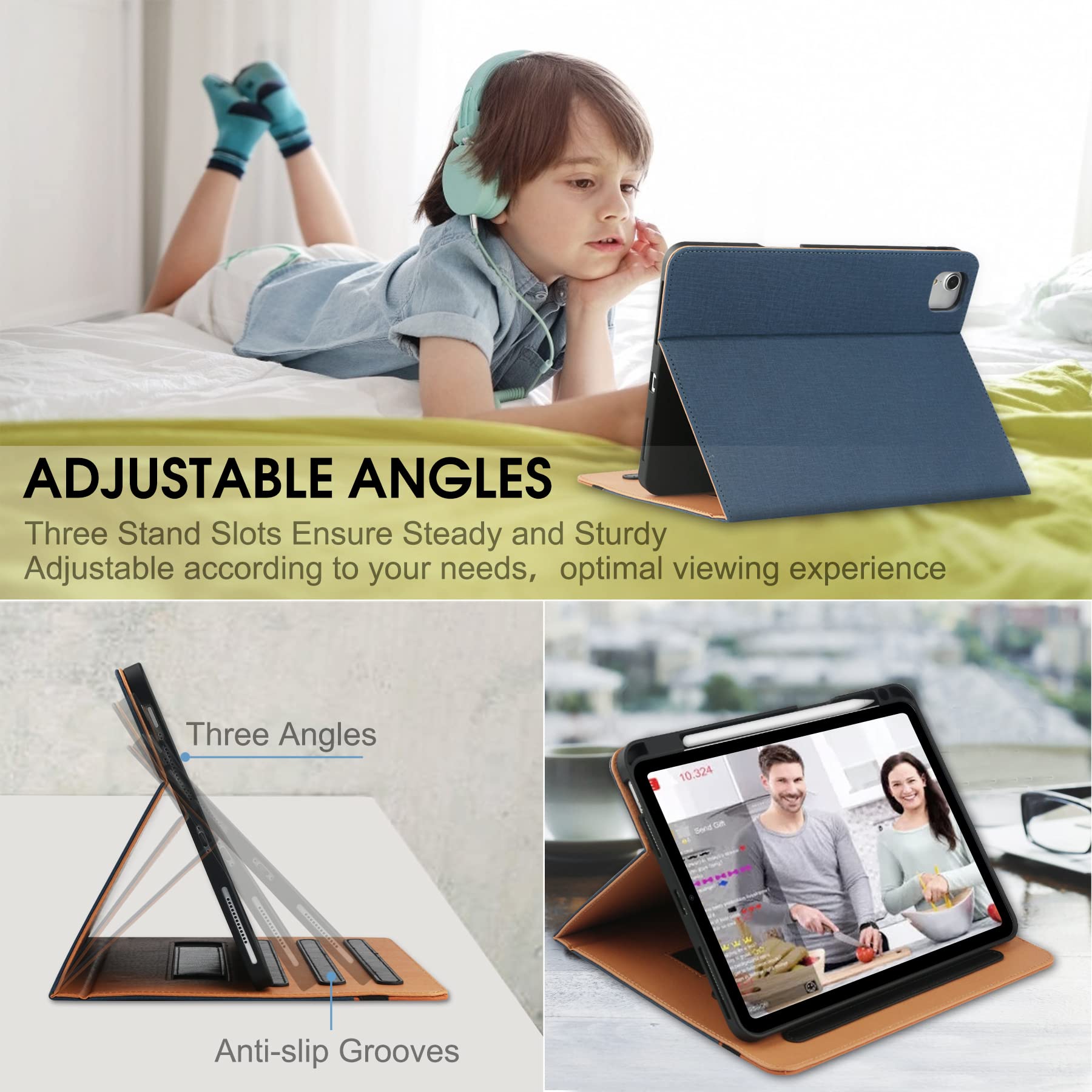 Premium iPad Pro 12.9 Case (2022/2021/2020/2018) - 6th/5th/4th/3rd Gen Protective Cover with Pencil Holder, Folio Stand, Auto Sleep/Wake & Multiple Viewing Angles - Blue/Brown - Perfect for Work, Study & Travel