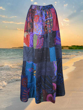 Boho Maxi Skirt for Women - Blue Patchwork Cotton Summer Skirt | Beach Vacation, Music Festival & Casual Outfit | Size SM