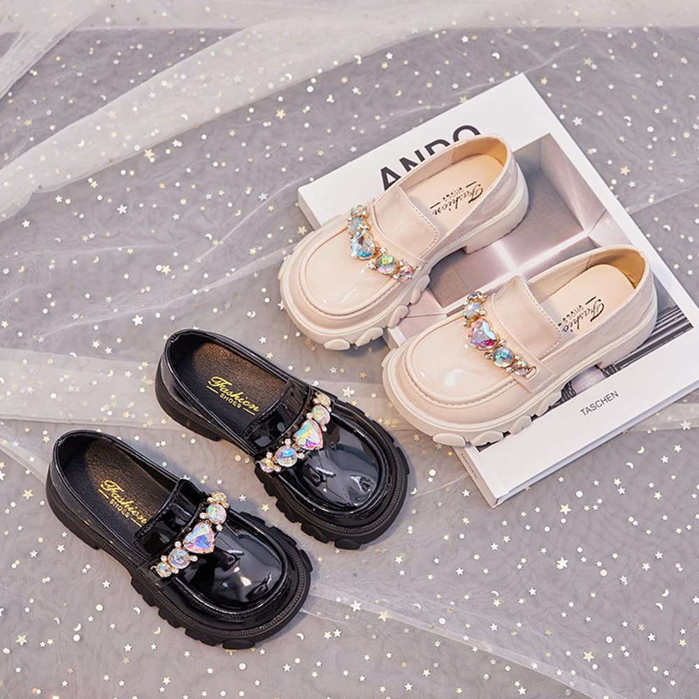 Girls Patent Leather Slip-On Loafers with Rhinestones - Black & White Dress Shoes for School Uniforms | Comfortable Flats for Class, Parties & Special Occasions