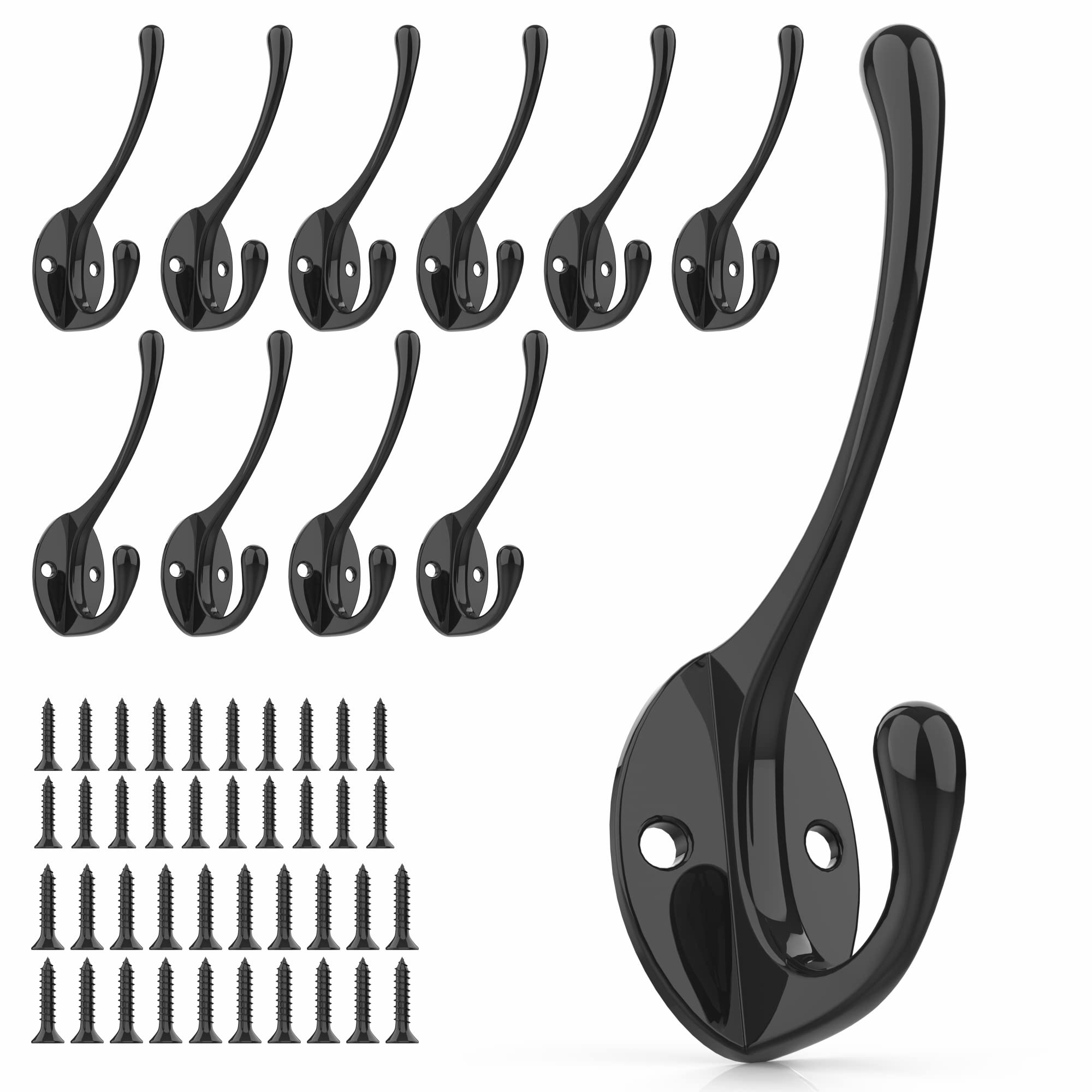 PRIGVOT Heavy Duty Wall Mounted Coat Hooks - 10 Pack Black Metal Hangers with 40 Screws for Coats, Hats, Bags & More - Perfect for Entryway, Closet, Bathroom & Garage Organization
