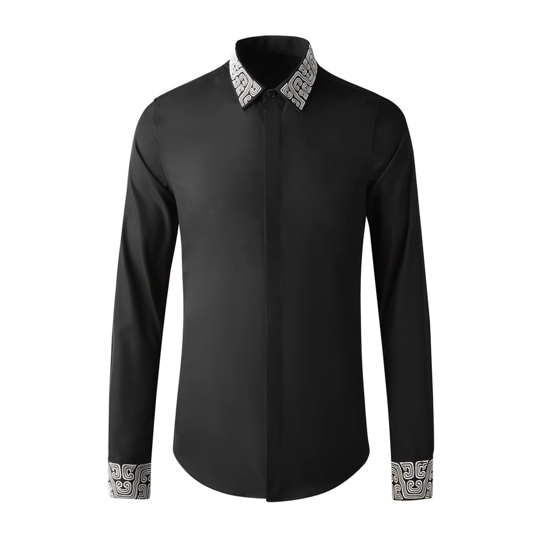 Men's Slim Fit Long Sleeve Button Down Shirt - Cotton Business Formal Dress Shirt with Embroidery Detail | Perfect for Office, Weddings & Special Occasions