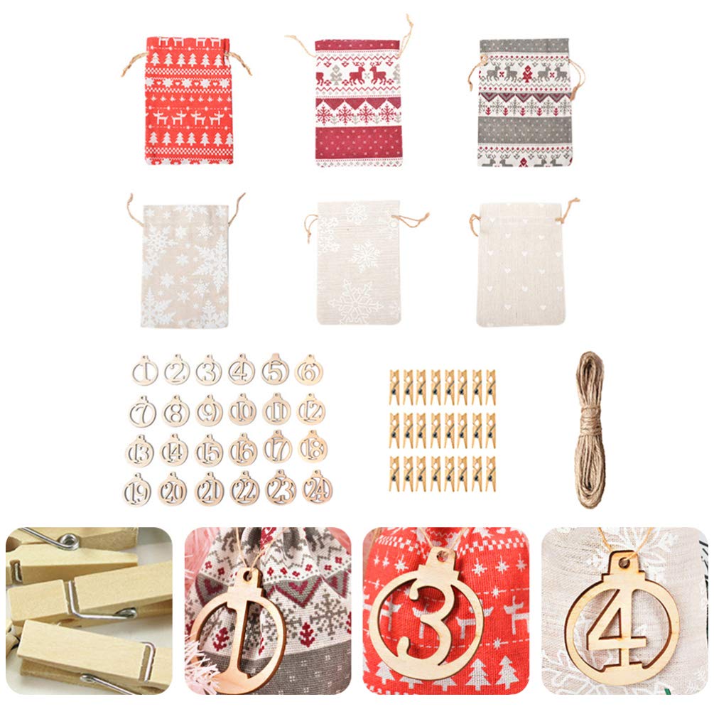 HEMOTON 24pcs Christmas Advent Calendar Bags - DIY Xmas Countdown Calendar with Candy Bags, Clips, Tags & Rope - Perfect for Holiday Decorations, Gift Giving & Festive Home Decor