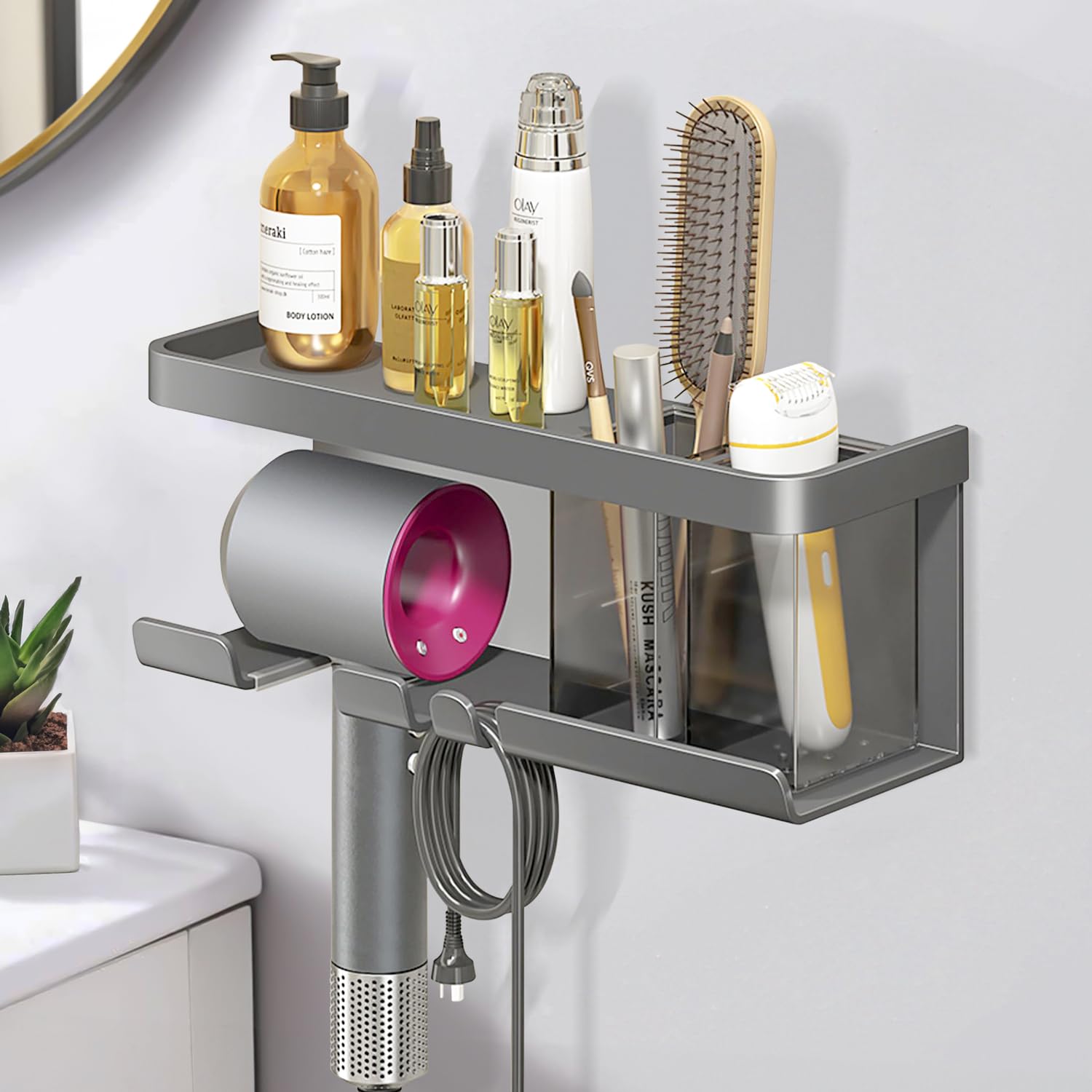 **Wall Mounted Hair Dryer Holder with Shelf - Matte Grey Blow Dryer Organizer for Bathroom, Salon & Bedroom - Perfect for Space Saving & Clutter-Free Storage**