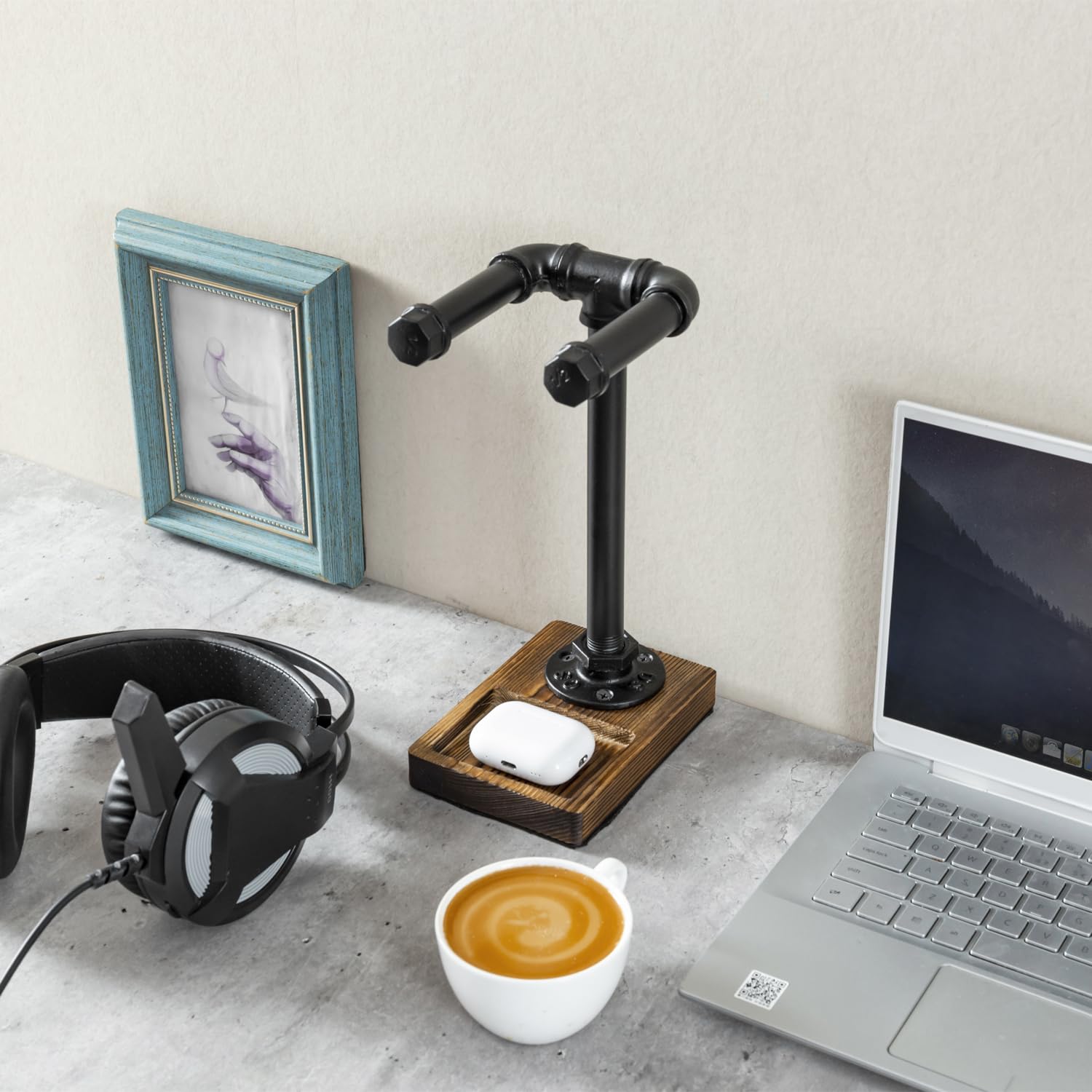 MyGift Universal Headphone Stand - Industrial Black Metal Pipe & Solid Wood Tray Desktop Headset Holder for Gaming, Office & Home Workspace Organization