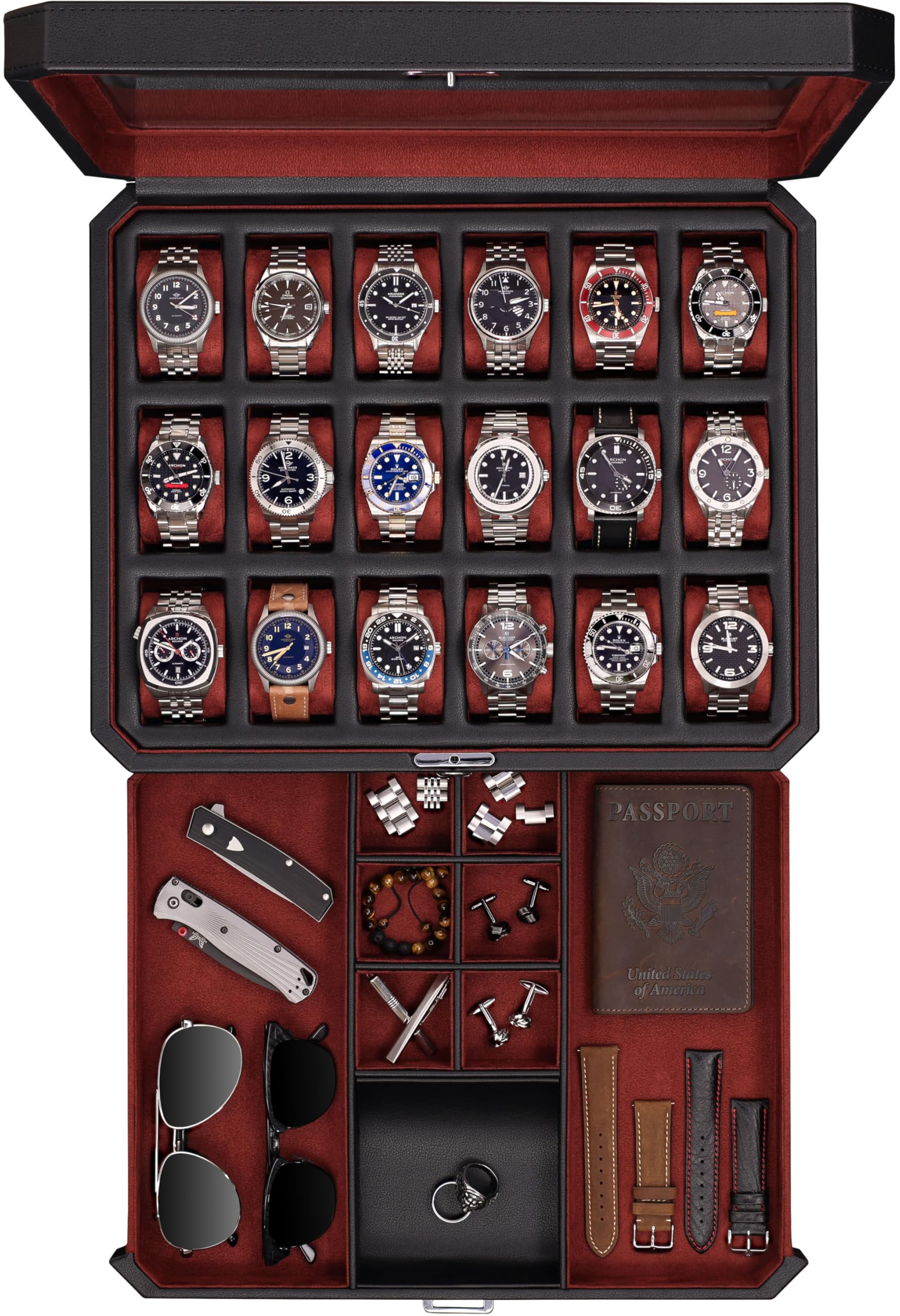 ROTHWELL 18-Slot Luxury Watch Box with Drawer - Men's Watch Display Case with Real Glass Top & Lockable Design for Watch Collections (Black/Red) - Perfect for Home, Office & Travel Storage