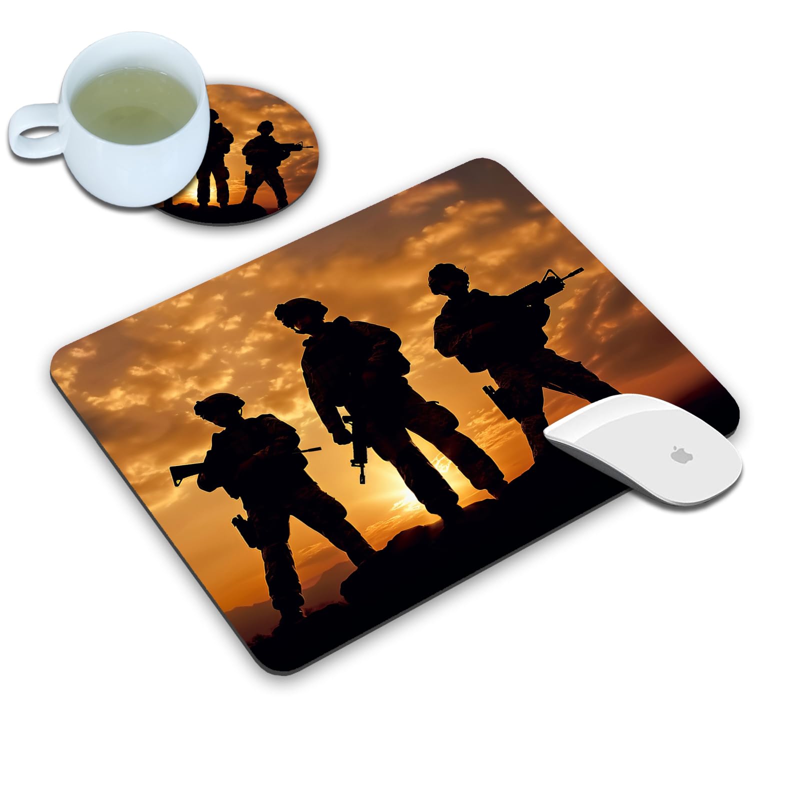 American Army Troops Military Mouse Pad & Coasters Set - Non-Slip Rubber Base Rectangle Mouse Pad for Laptop, Computer & Office Accessories - Perfect for Gaming, Work & Home Office Setup