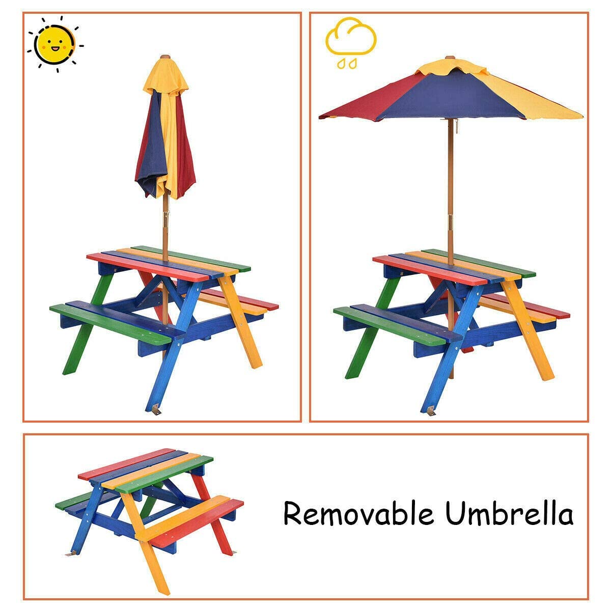 Olakids Kids Picnic Table Set - Outdoor Wooden Toddler Table & Chairs with Removable Umbrella - Children's Activity Furniture for Patio, Garden, Backyard - Perfect for Outdoor Playdates, Birthday Parties & Family Gatherings