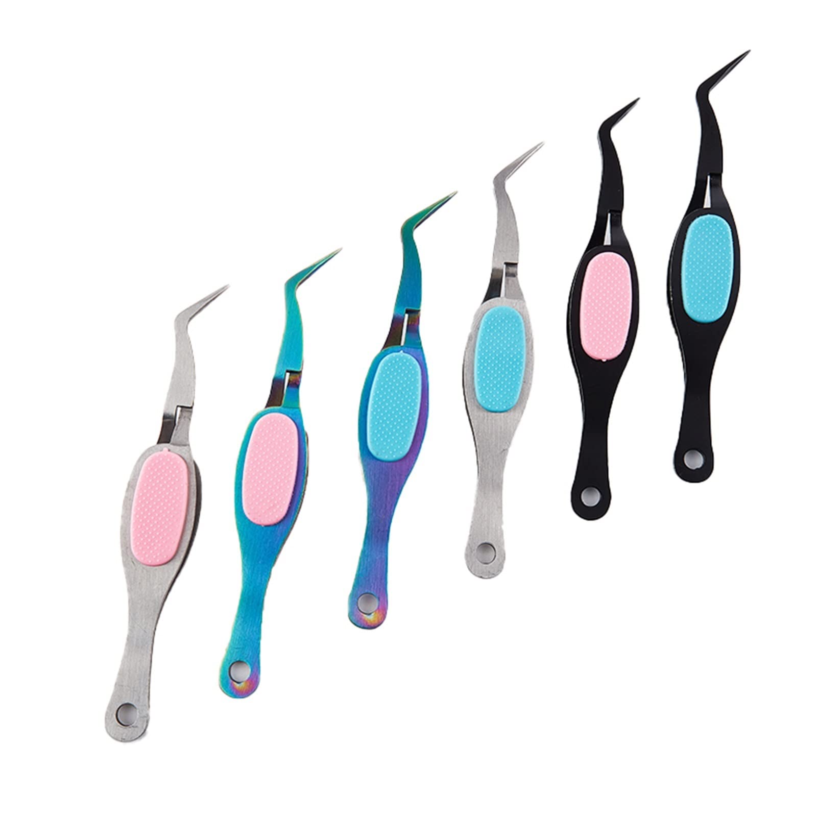 **Premium Stainless Steel Lash Tweezers with Soft Grip - Cross Lock & Reverse Grip for Precision Eyelash & Nail Art - Ideal for Professional Makeup & DIY Beauty (Color: 05, Pack of 6)**