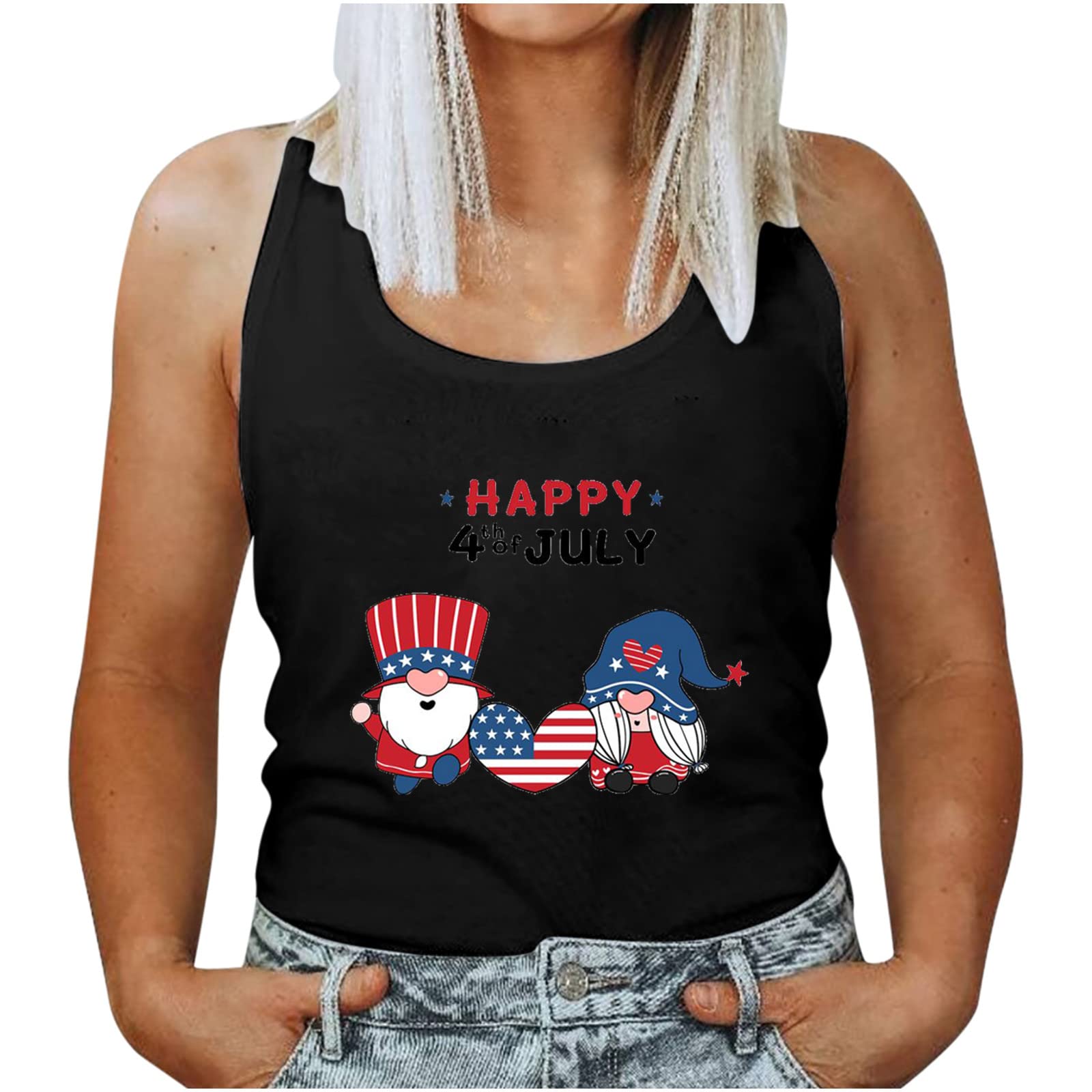 Women's Summer Tops - Round Neck Sleeveless Loose Vest with Patriotic Independence Day Print | Casual Comfort Wear for Beach, BBQ & 4th of July Celebrations
