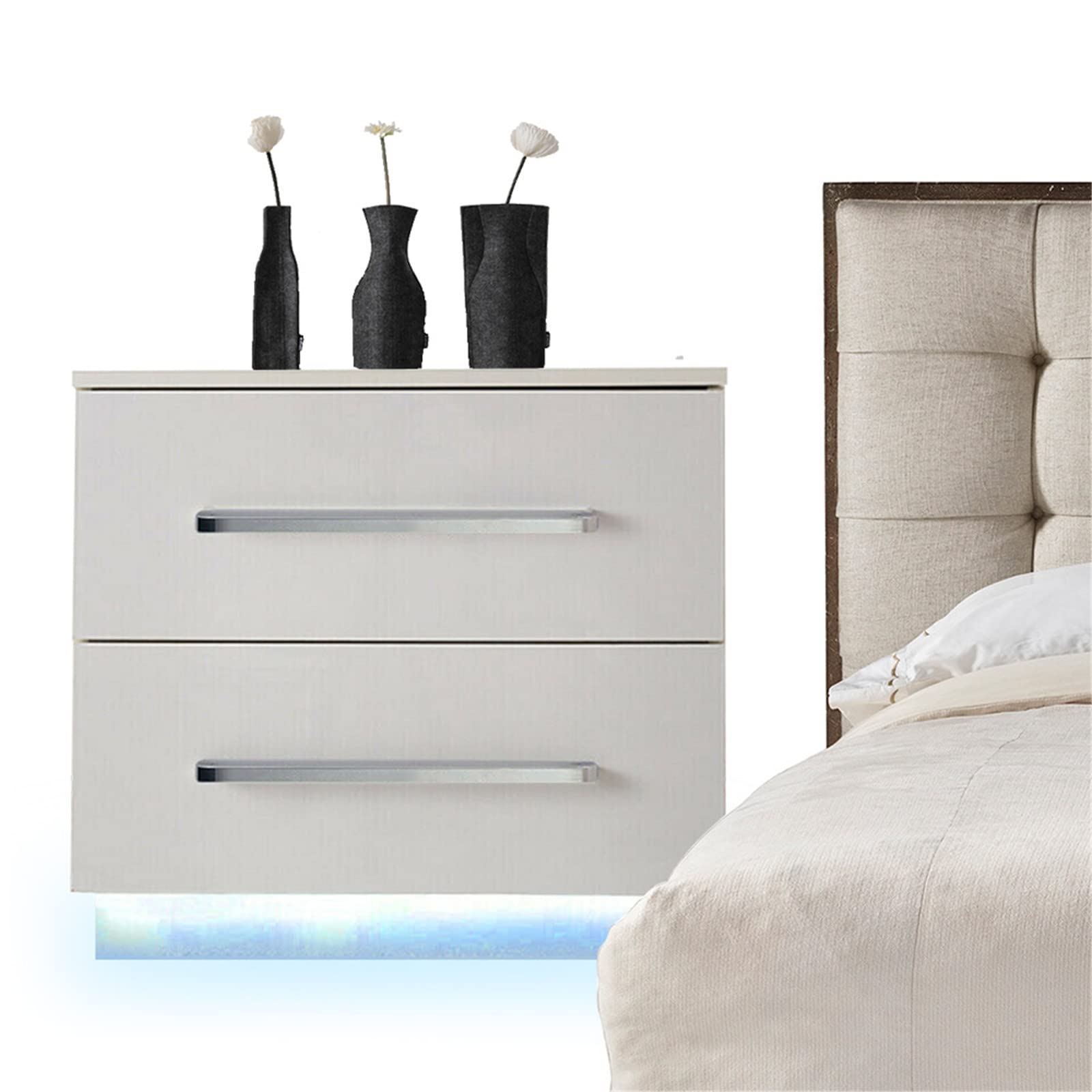 Modern RGB LED Nightstand with 2 Drawers - High Gloss Storage Cabinet with Remote Control - Multi-Purpose End Table Organizer for Bedroom & Living Room - White Home Furniture for Ambient Lighting & Smart Storage Solutions