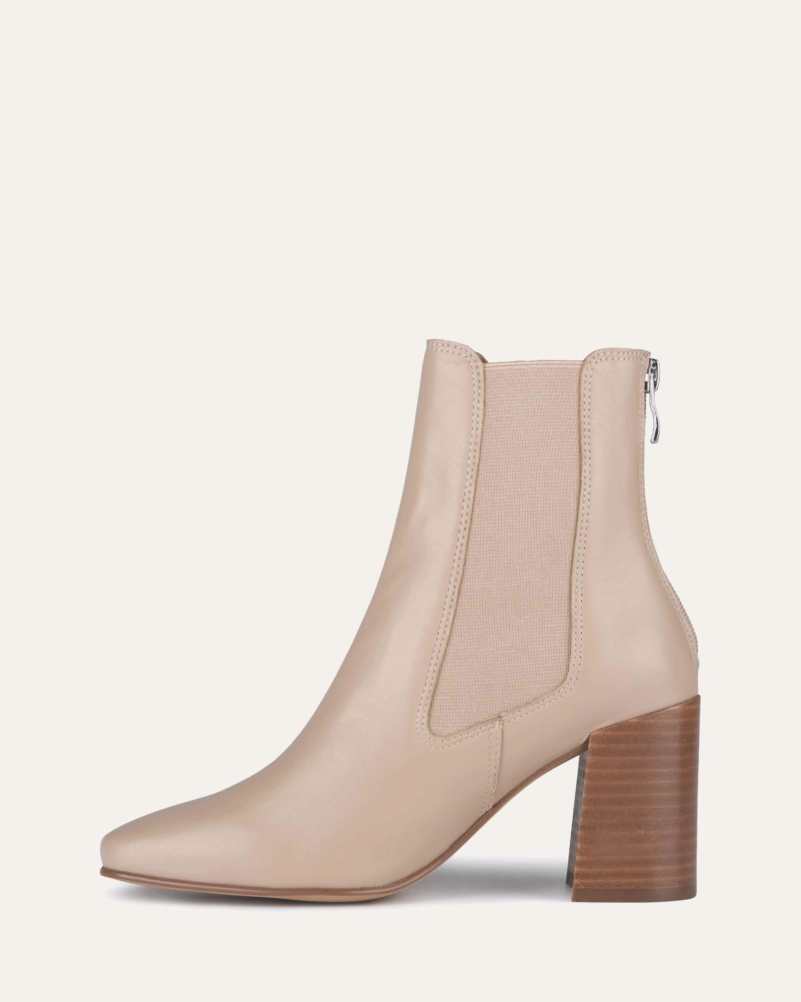 Beige Leather Diamond Mid Ankle Boots for Women - Stylish & Comfortable Footwear for Casual Outings, Work & Evening Events