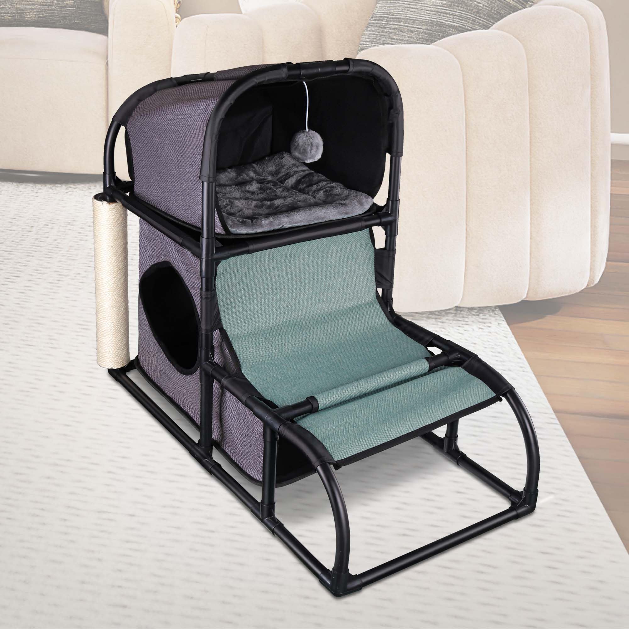 Goetland PVC Modern Cat Condo with Scratching Post, Climbing Tree & Dangling Ball - Gray Indoor Cat House for Kitties | Perfect for Small Spaces & Playtime