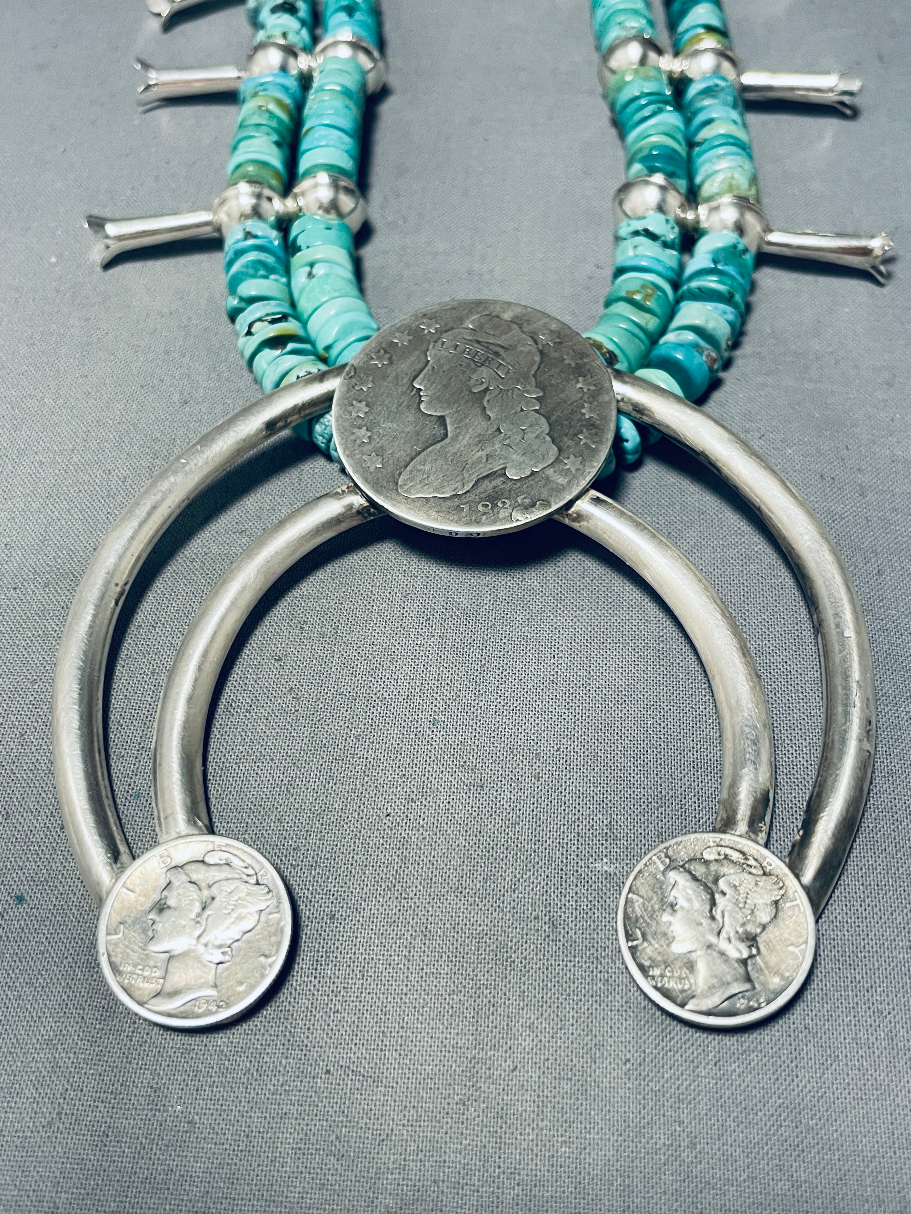 Authentic Navajo Sterling Silver Squash Blossom Necklace with Turquoise Coin - 191g Handcrafted Native American Jewelry for Women - Perfect for Boho Fashion, Weddings & Special Occasions