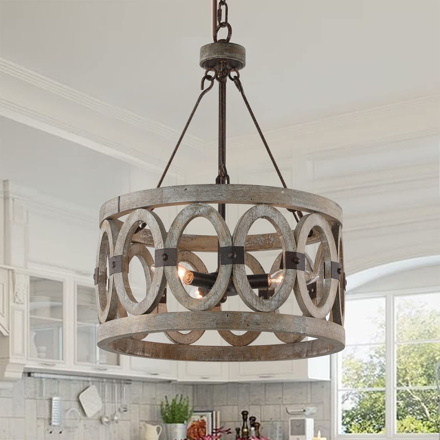 Rustic Wooden French Country Drum Chandelier - 3-Light Antique Farmhouse Pendant Light for Living Room, Dining Room, Bedroom & Foyer - Perfect for Cozy Home Decor and Vintage Style Interiors