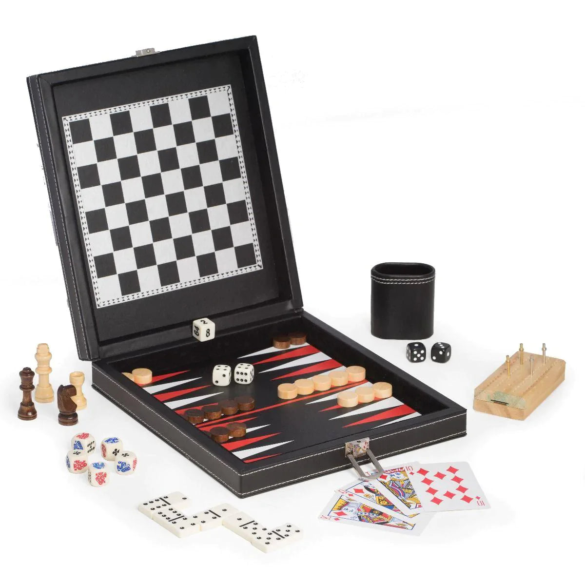 5-in-1 Multi Game Set with Chess, Checkers, Backgammon, Dominoes & Cards - Premium Black Leatherette Travel Case - Perfect for Family Game Nights, Travel & Indoor Entertainment