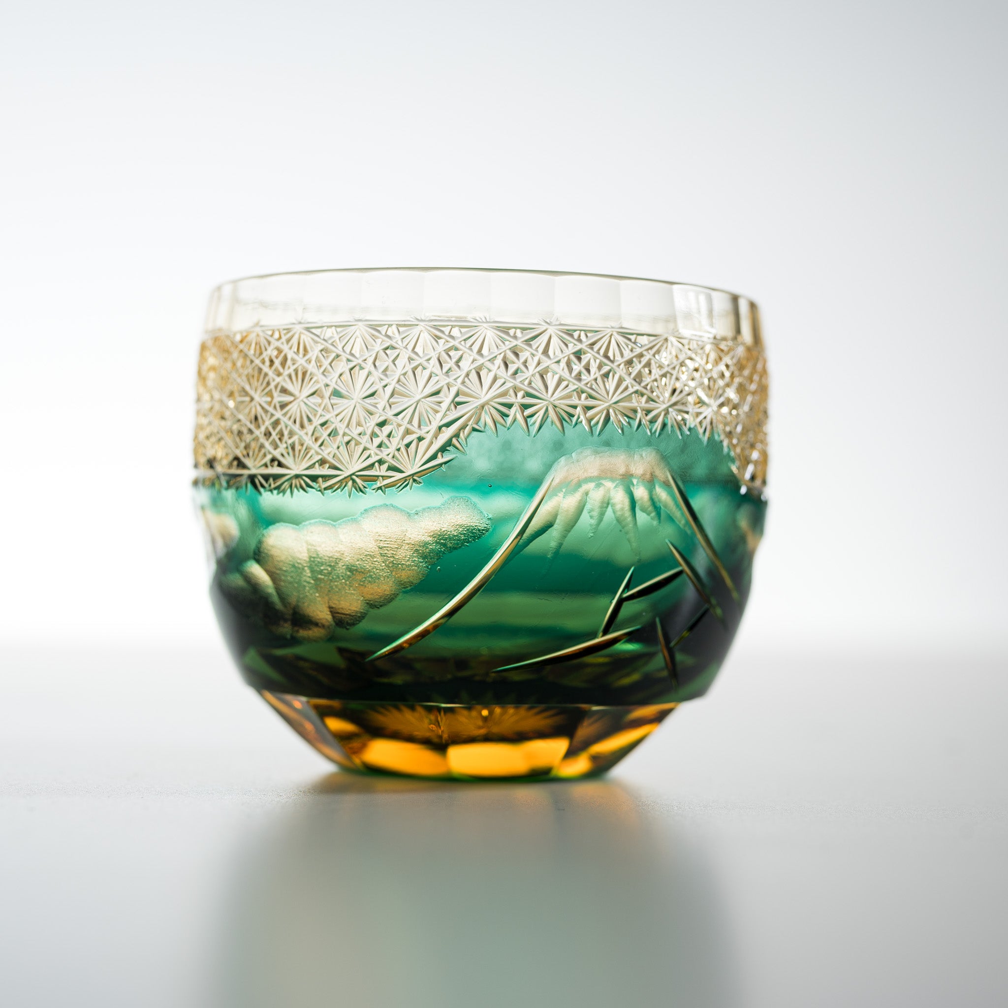 Premium Yamada Crystal Glass Sake Cups with Mt. Fuji Design - Amber Green Color - Elegant Japanese Drinking Cups for Sake, Whiskey & Cocktails - Perfect for Home Bars, Gifts & Japanese Cultural Events
