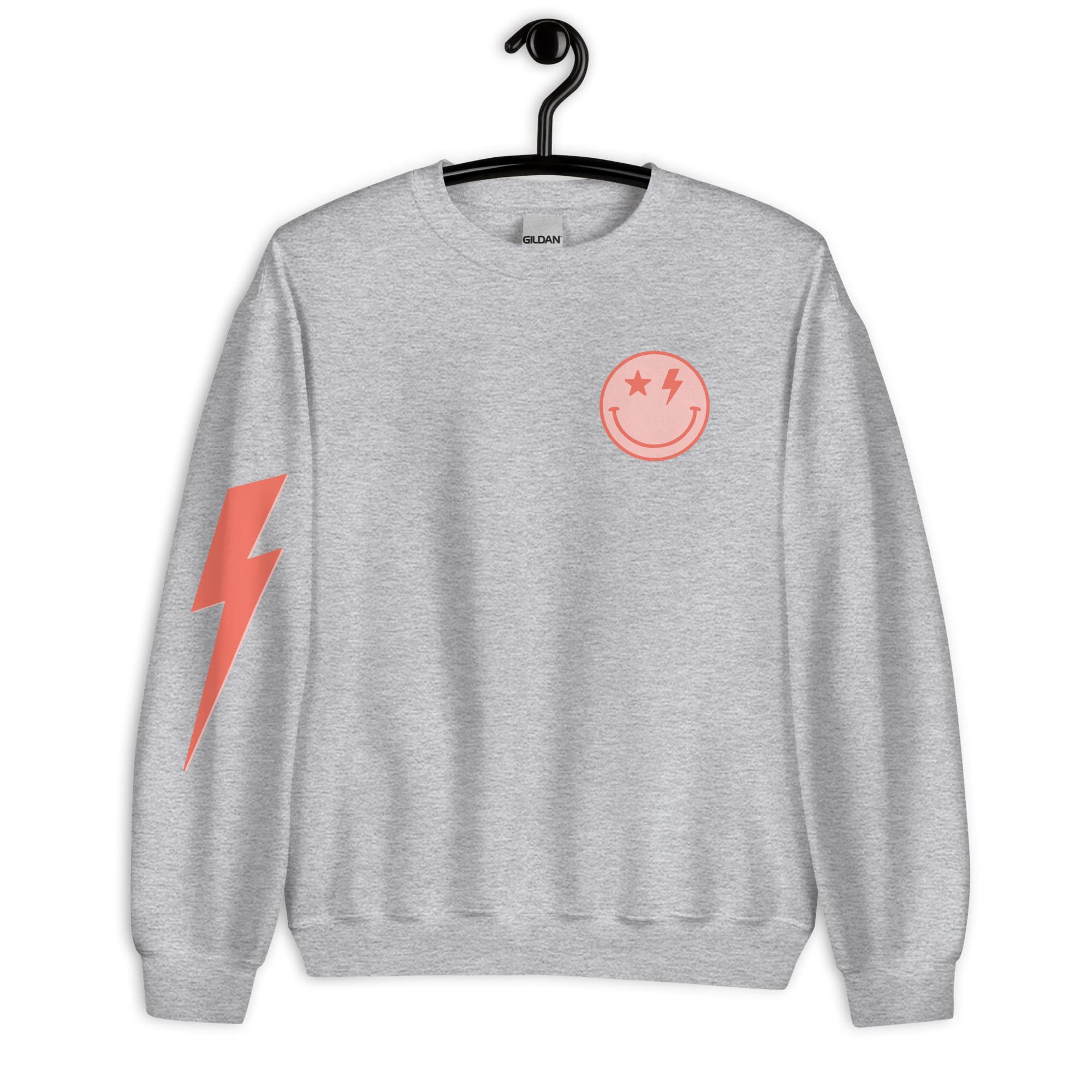 Orange Smiley Face Lightning Bolt Unisex Sweatshirt - Graphic Crewneck Long Sleeve Pullover for Men & Women | Casual Wear, Street Style, Gift Idea