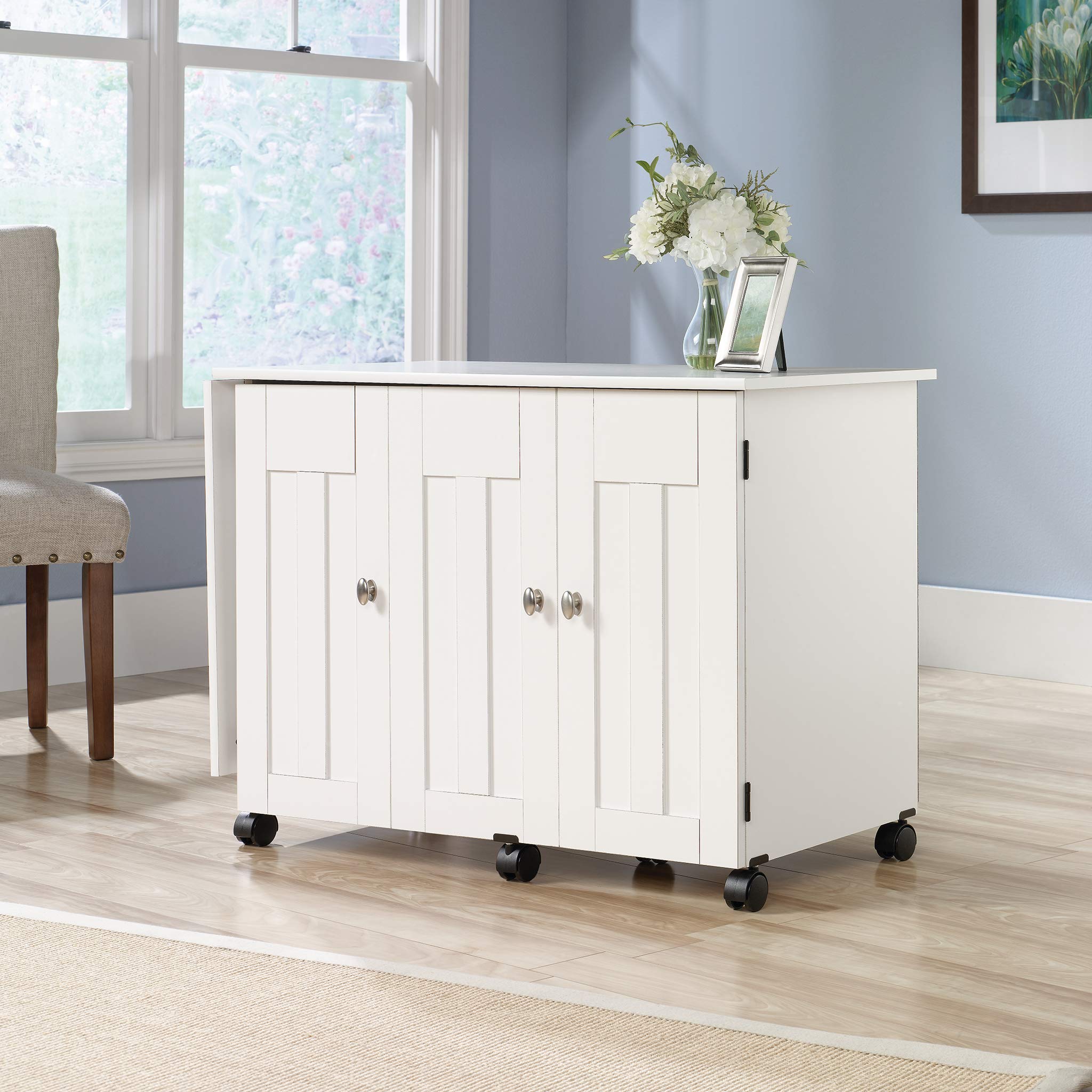 Sauder Soft White Folding Sewing Table & Craft Cart Storage Cabinet - Perfect for Sewing, Quilting, and DIY Craft Organization at Home