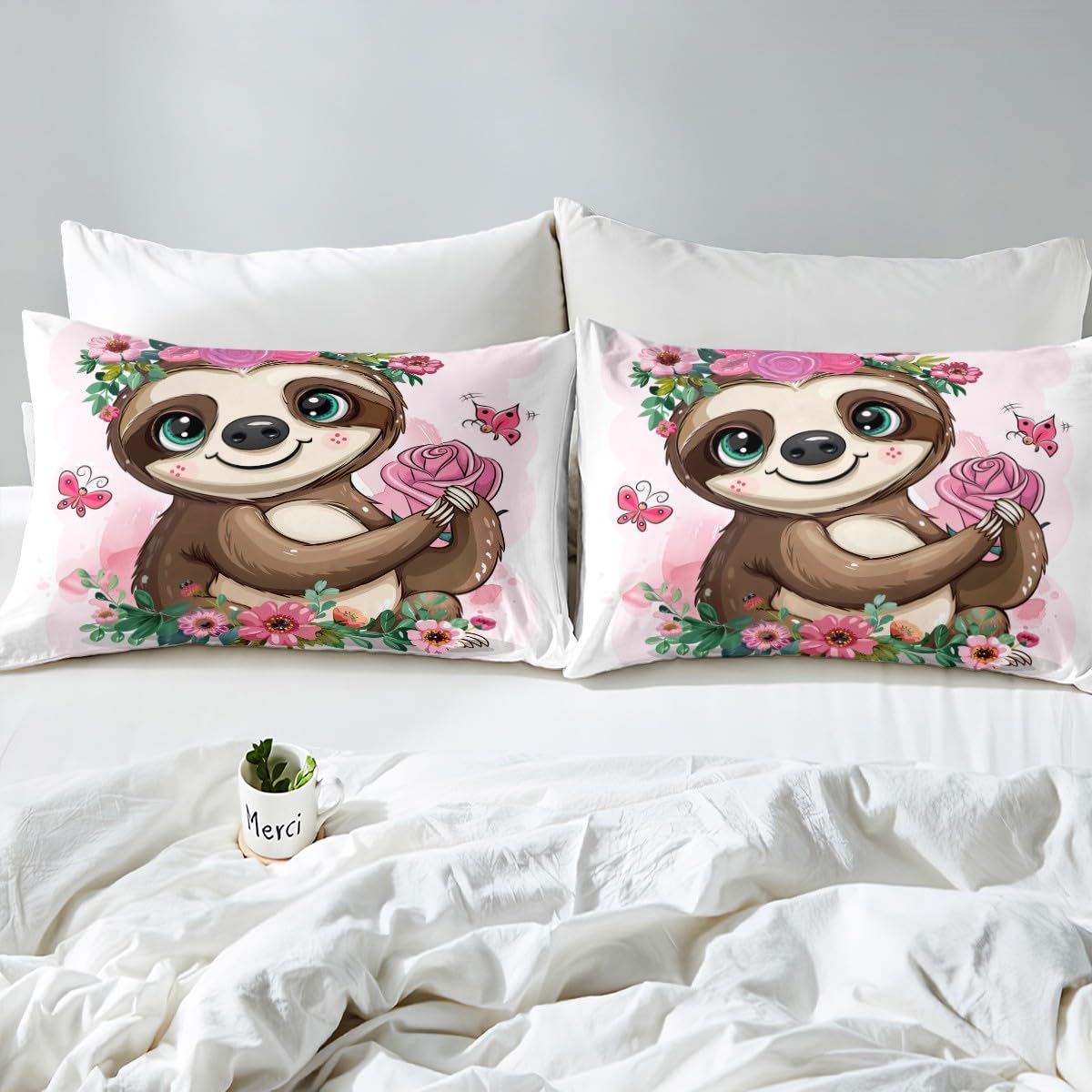 Feelyou Sloth Bed Sheets Set - Twin Size Super Soft Rose Floral Cartoon Sloth Print Bedding for Girls & Kids (3-Piece Set) - Perfect for Children's Bedrooms, Sleepovers & Cozy Nursery Decor