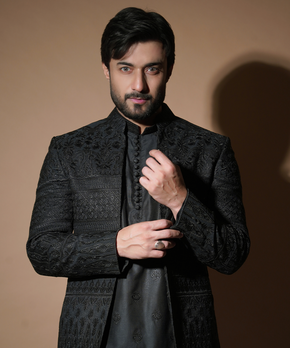 Black Raw Silk Prince Coat Set for Men - Elegant Formal Wear for Weddings, Parties & Special Occasions