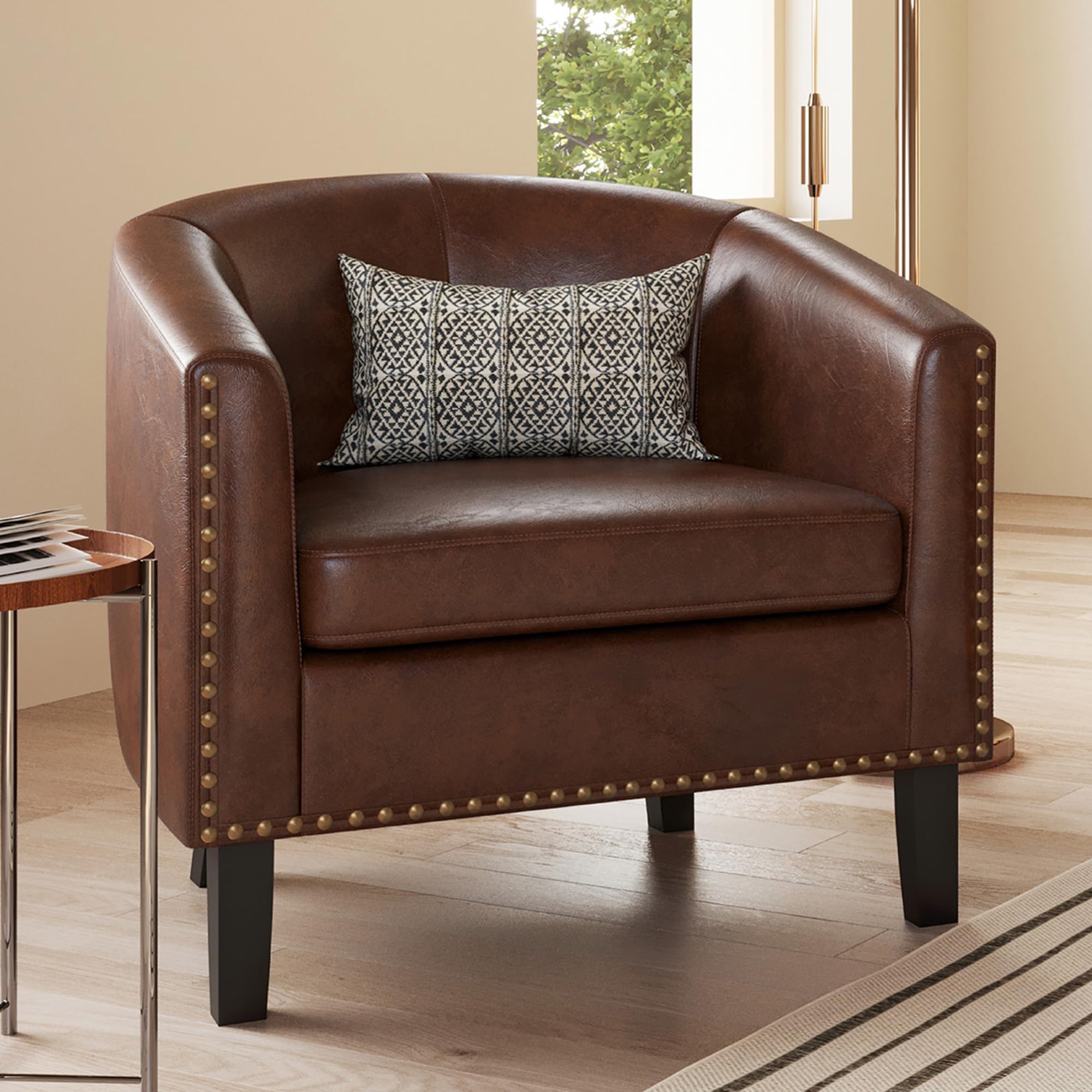 BELLEZE Modern Faux Leather Accent Barrel Chair with Gold Nail Head Trim - Upholstered Tub Club Armchair for Living Room, Bedroom & Office - Brown (Kyara) - Comfortable Seating for Relaxing & Home Decor