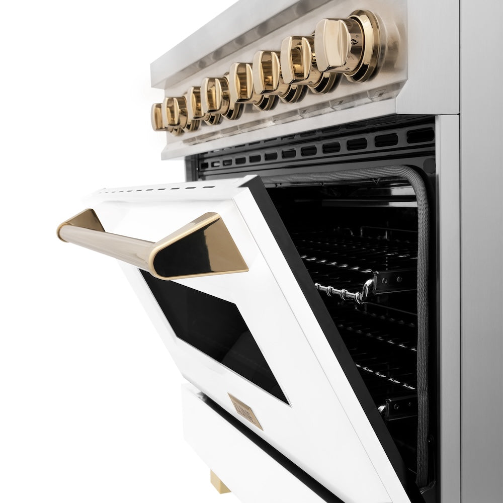 ZLINE Autograph Edition 36-inch Stainless Steel Dual Fuel Range with White Matte Door & Range Hood - Polished Gold Accents | Professional Kitchen Upgrade for Home Chefs & Modern Cooking Enthusiasts