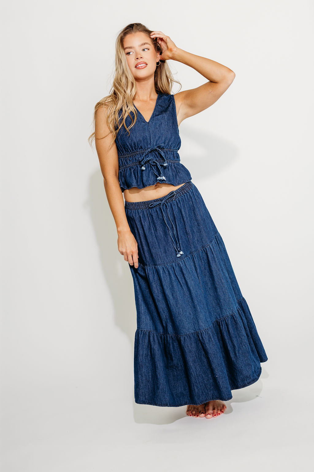 Noah Women's 100% Cotton Denim Peplum Top & Midi Skirt Set - Casual Outfit for Spring Summer | Perfect for Date Night, Office Wear & Weekend Brunch