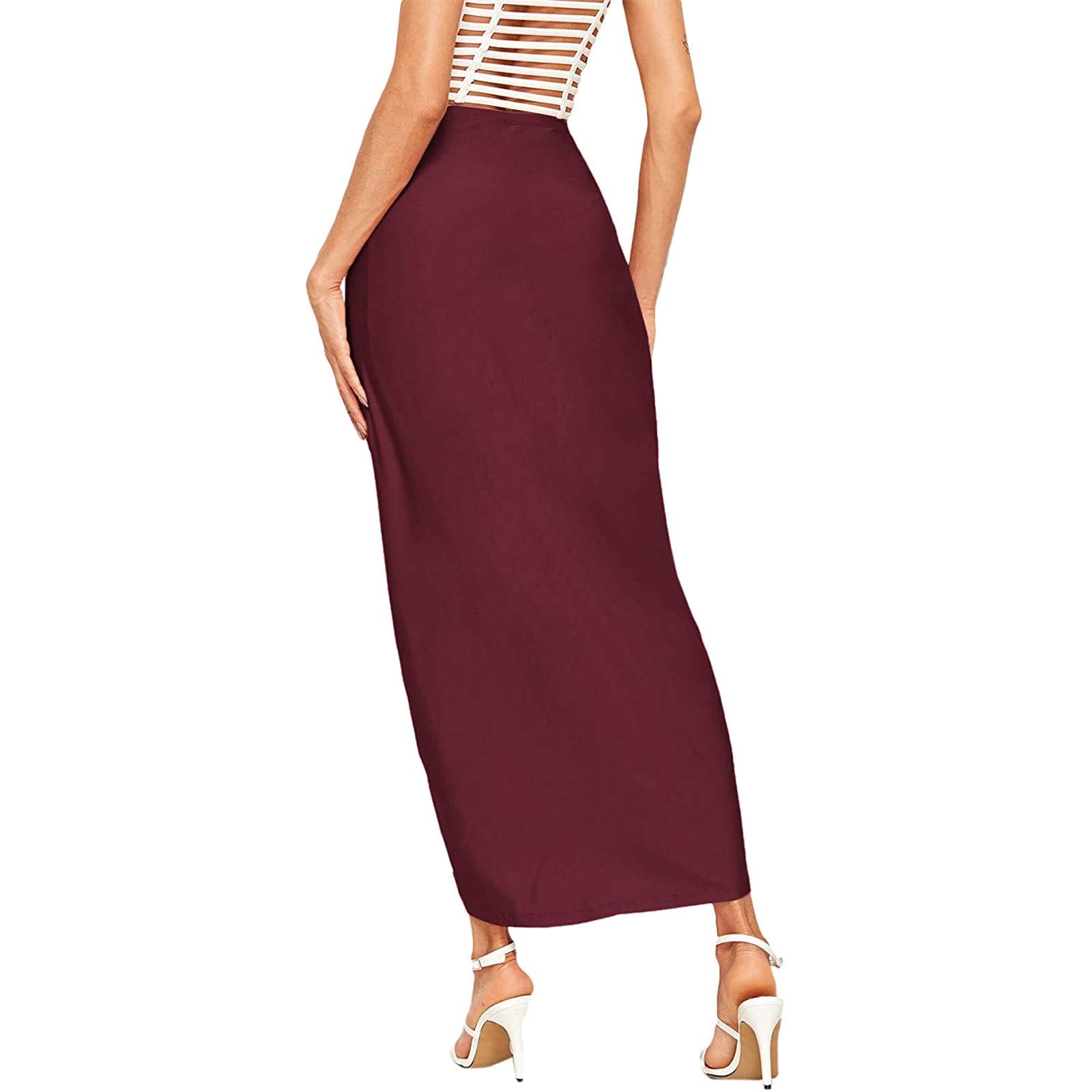 Women's Maxi Skirt - Draped Casual Wrap Waist Skirt with High Slit & Elastic Waistband - Asymmetrical Solid Wine Color for Summer, Beach, Party & Office Wear