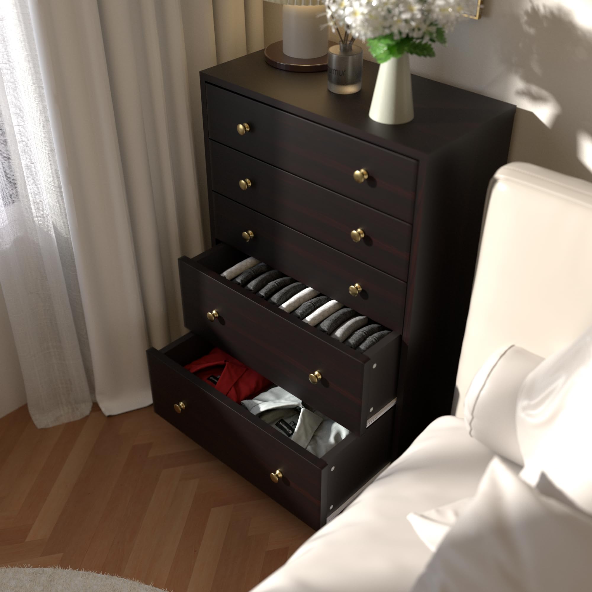 5-Drawer Dresser for Bedroom - Large Wooden Storage Organizer with Espresso Finish - Perfect for Closet, Living Room, Nursery & Hallway Organization