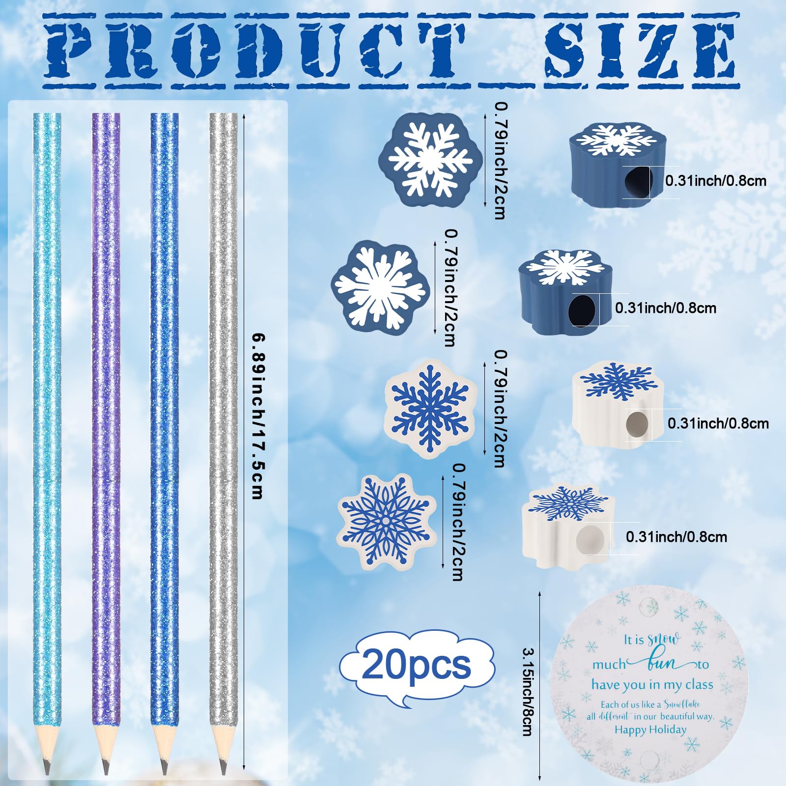 Jetec 20 Sets Christmas Glitter Pencils with Snowflake Eraser Toppers & Snowflake Cards - Fun Holiday Pencils for Students, Teachers, Classroom Party & Winter Gift Exchange - Perfect for School Rewards, Christmas Crafts & Festive Writing