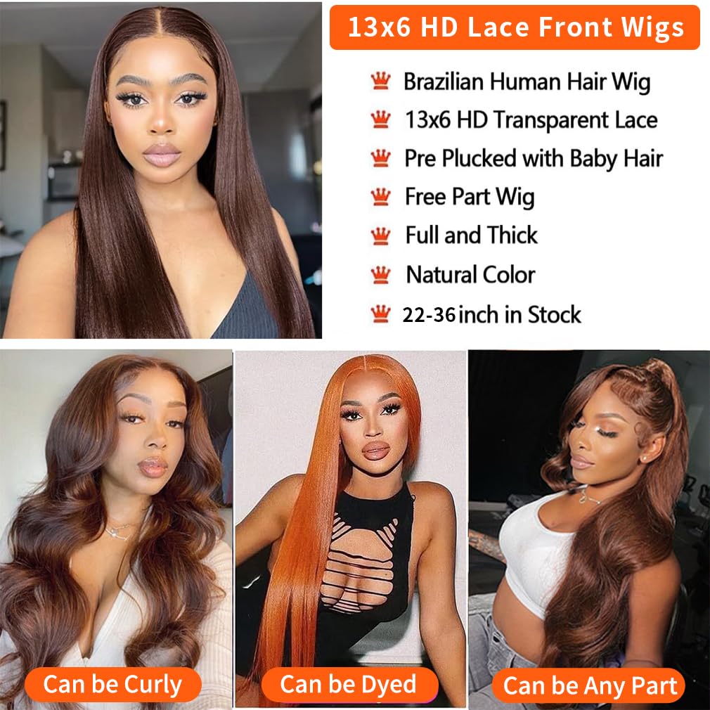 32 Inch Chocolate Brown Lace Front Wigs Human Hair 200% Density 13x6 HD Straight Pre Plucked 4# Frontal Wigs for Women - Natural Look for Daily Wear, Cosplay & Special Occasions