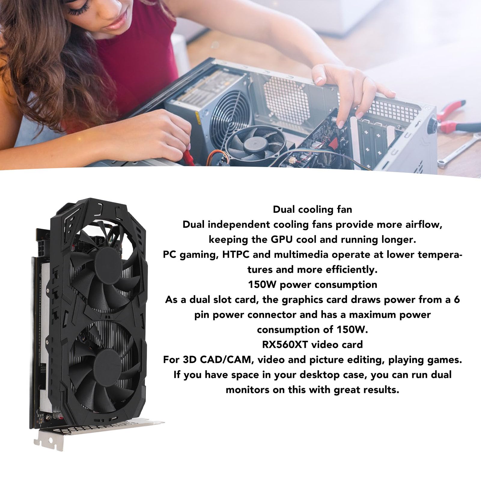 Bewinner RX560XT 8GB GDDR5 256Bit Gaming Graphics Card - PCI Express 3.0 x16, Dual Fan Cooling, HDMI Output - Perfect for PC Gaming, Video Editing & Office Workstations