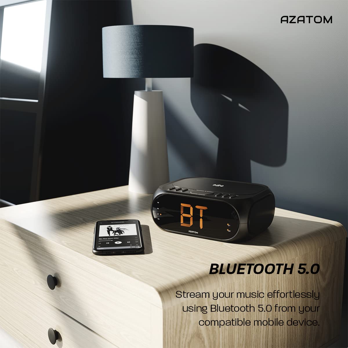 AZATOM Homehub Compact Bluetooth Alarm Clock with QI Wireless Fast Charger for iPhone & Android - Bedside Nightstand, Office Desk, Travel (Black)