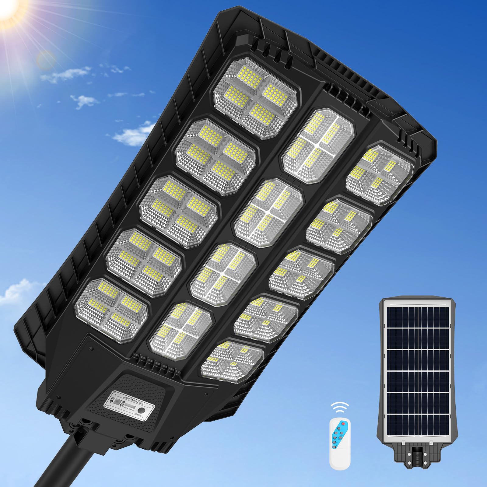 9500W Solar Street Lights Outdoor - Wide Angle Solar Powered LED Security Light with Motion Sensor & Remote Control, Dusk to Dawn Auto On/Off, Waterproof for Parking Lot, Garden, Pathway, Driveway, Yard, and Wall/Pole Mount Installation