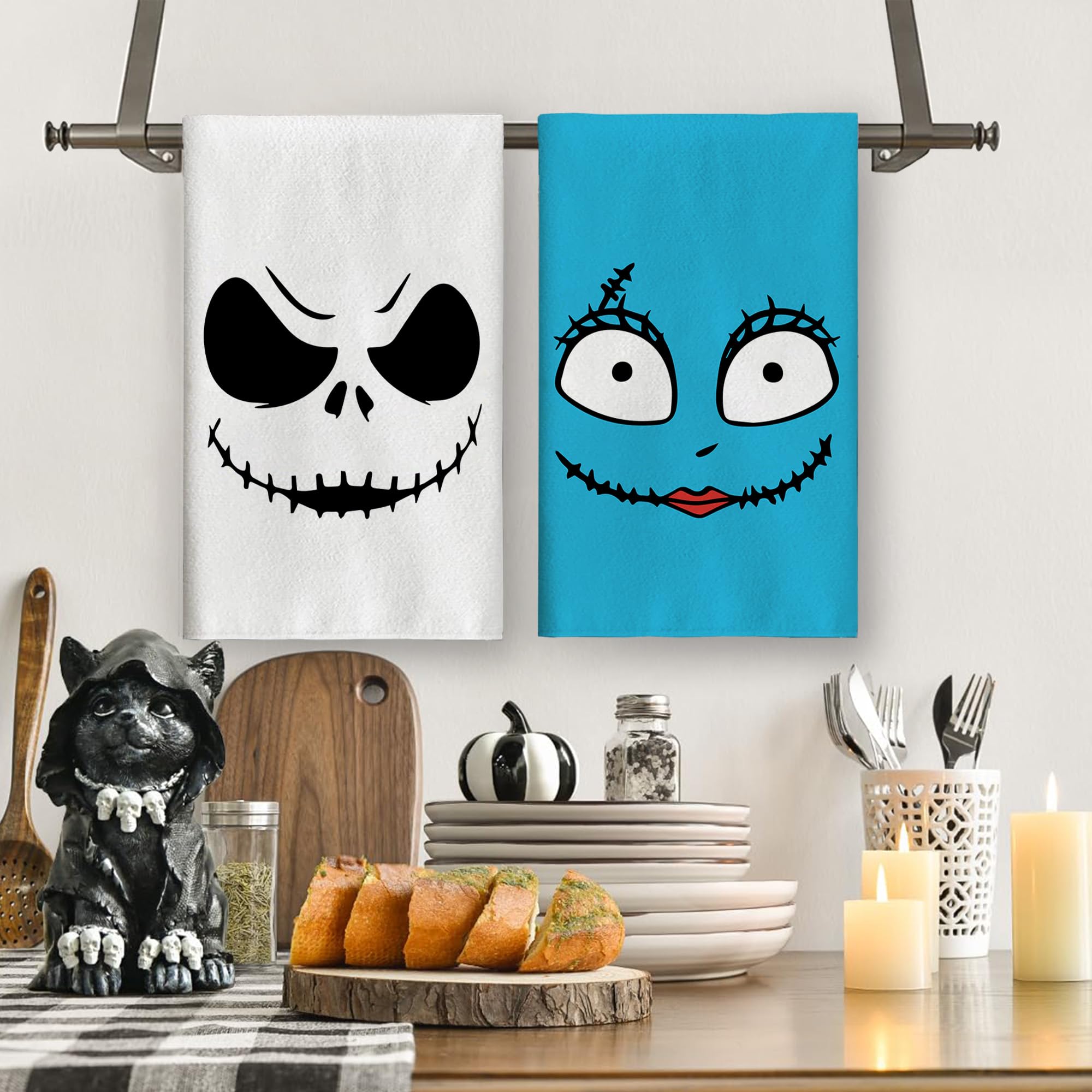 Halloween Kitchen Towels - Nightmare Before Christmas Dish Towels Set with Jack & Sally - Gothic Decor for Day of The Dead, Home & Party Decorations - Perfect for Halloween Parties, Kitchen Decor & Themed Gift Giving