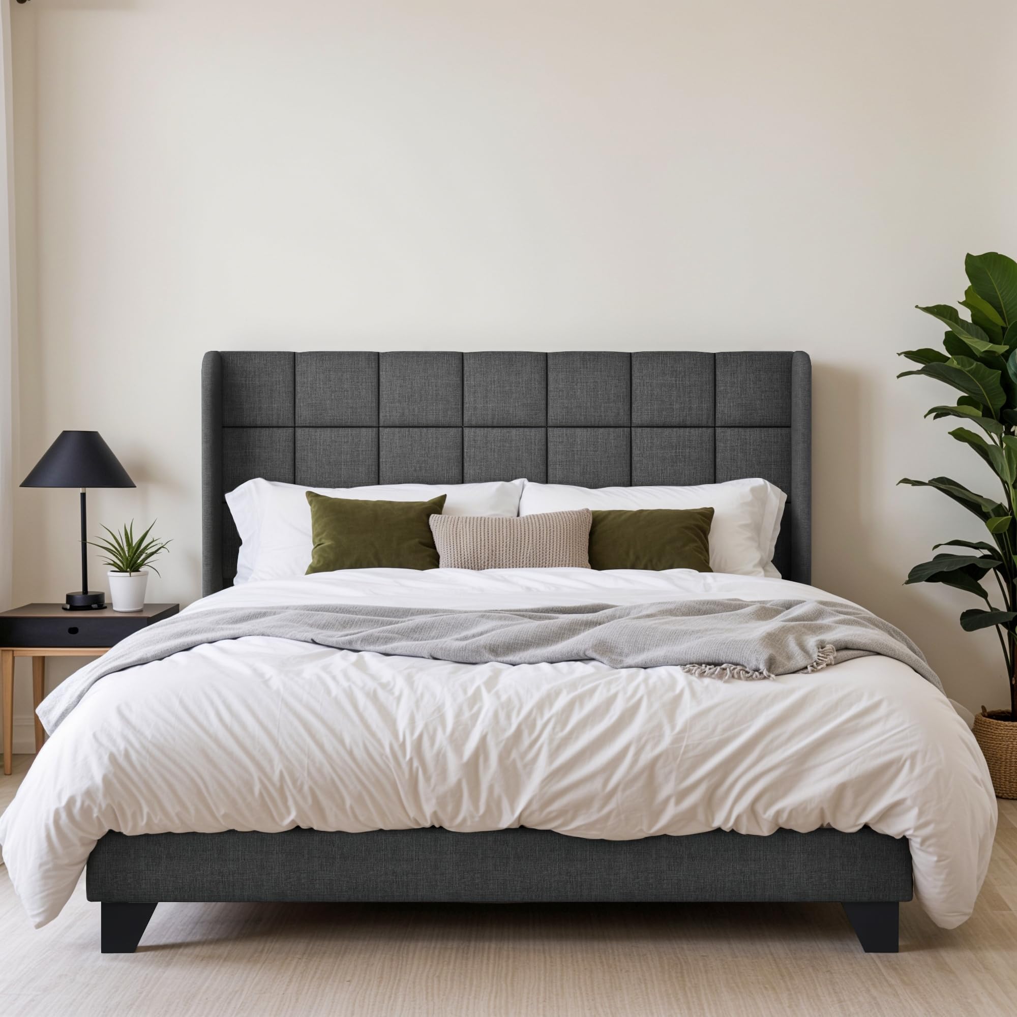 HOOMIC Queen Size Wingback Bed Frame with Square Stitched Headboard - Dark Grey Upholstered Platform Bed with Wood Slat Support, No Box Spring Needed | Perfect for Master Bedroom, Guest Room & Apartment