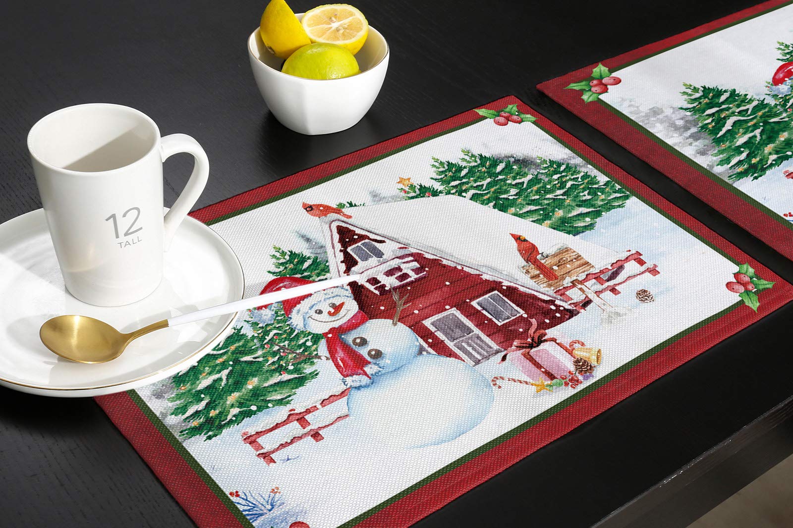Winter Christmas Red Barn Robin Placemats Set of 4 - 13x19 Inch Washable Cotton Linen Table Mats for Dining Table, Kitchen, Party & Wedding | Cozy Holiday Decor & Festive Dinner Setting