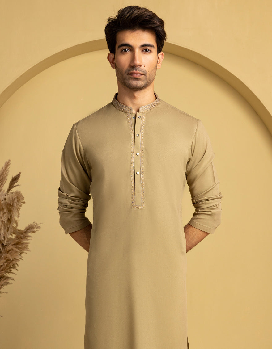 Stylish Blended Brown Kurta by J. Junaid Jamshed - Comfortable Cotton Ethnic Wear for Men - Perfect for Festivals, Weddings & Casual Outings