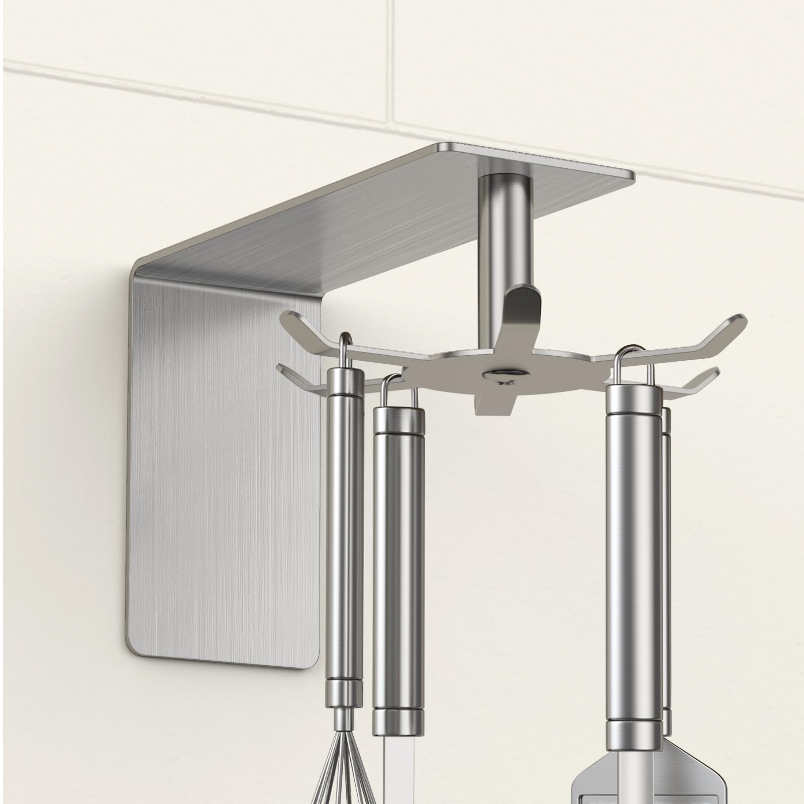 1 Pack Brushed Nickel 304 Stainless Steel Rotating Wall Mount Kitchen Utensil Holder - Adhesive Hanging Rack for Spoons, Spatulas & Cooking Tools - Perfect for Small Kitchens, RVs & Apartments