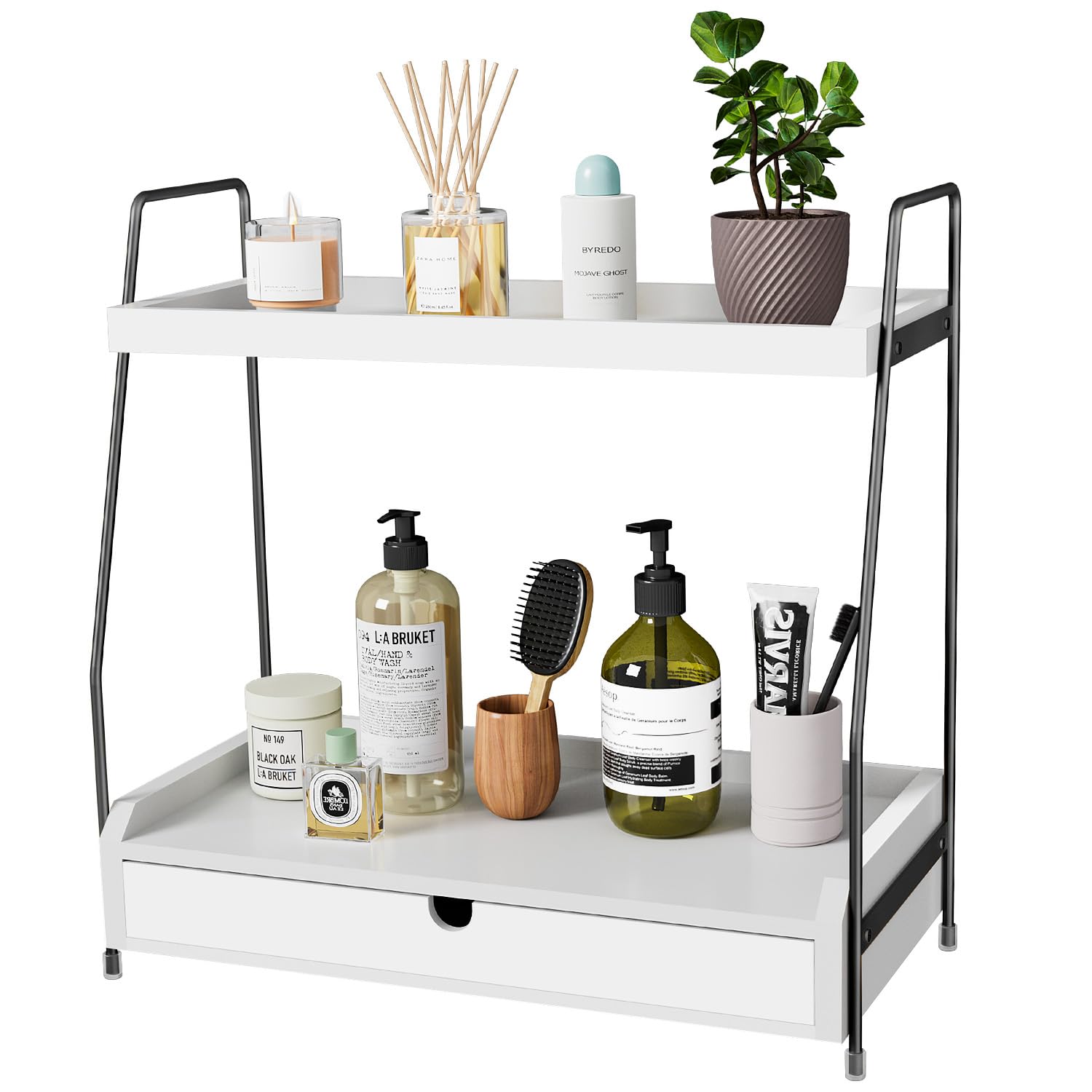 2-Tier Solid Wood Bathroom Organizer with Drawer - White and Black Countertop Vanity Tray for Bathroom Storage & Organization | Perfect for Makeup, Jewelry, Skincare Essentials in Master Bath or Guest Room
