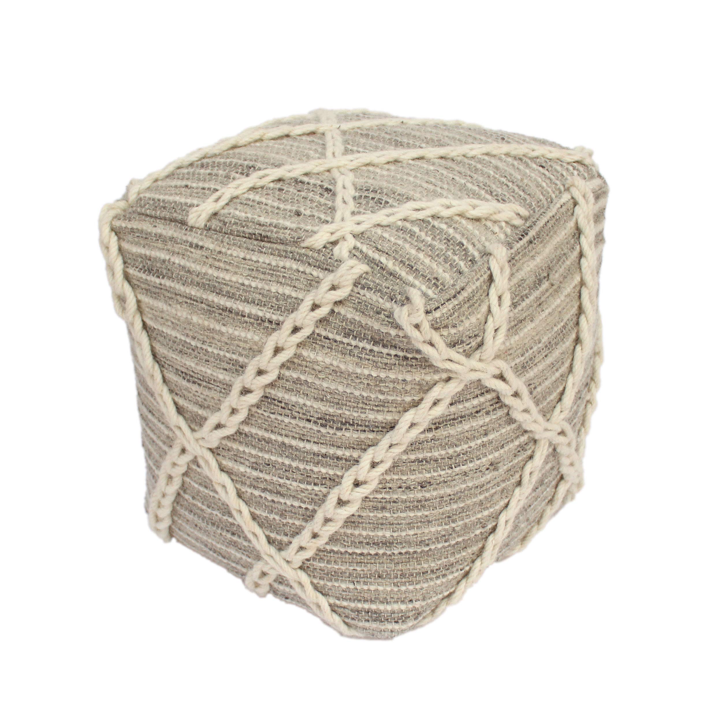 Modern Wool & Cotton Pouf Ottoman - Gray Ivory Comfy Footrest & Accent Chair for Living Room, Bedroom, Nursery | Stylish Home Decor & Extra Seating