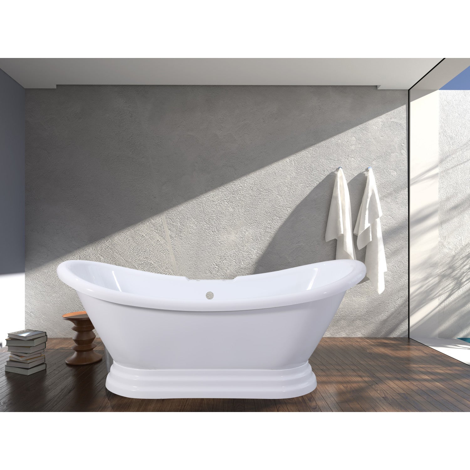Aqua Eden 69 Inch Acrylic Oval Double Slipper Pedestal Bathtub with 7 Inch Faucet Drillings - Glossy White - Luxury Freestanding Soaking Tub for Spa-Like Bathroom Retreat