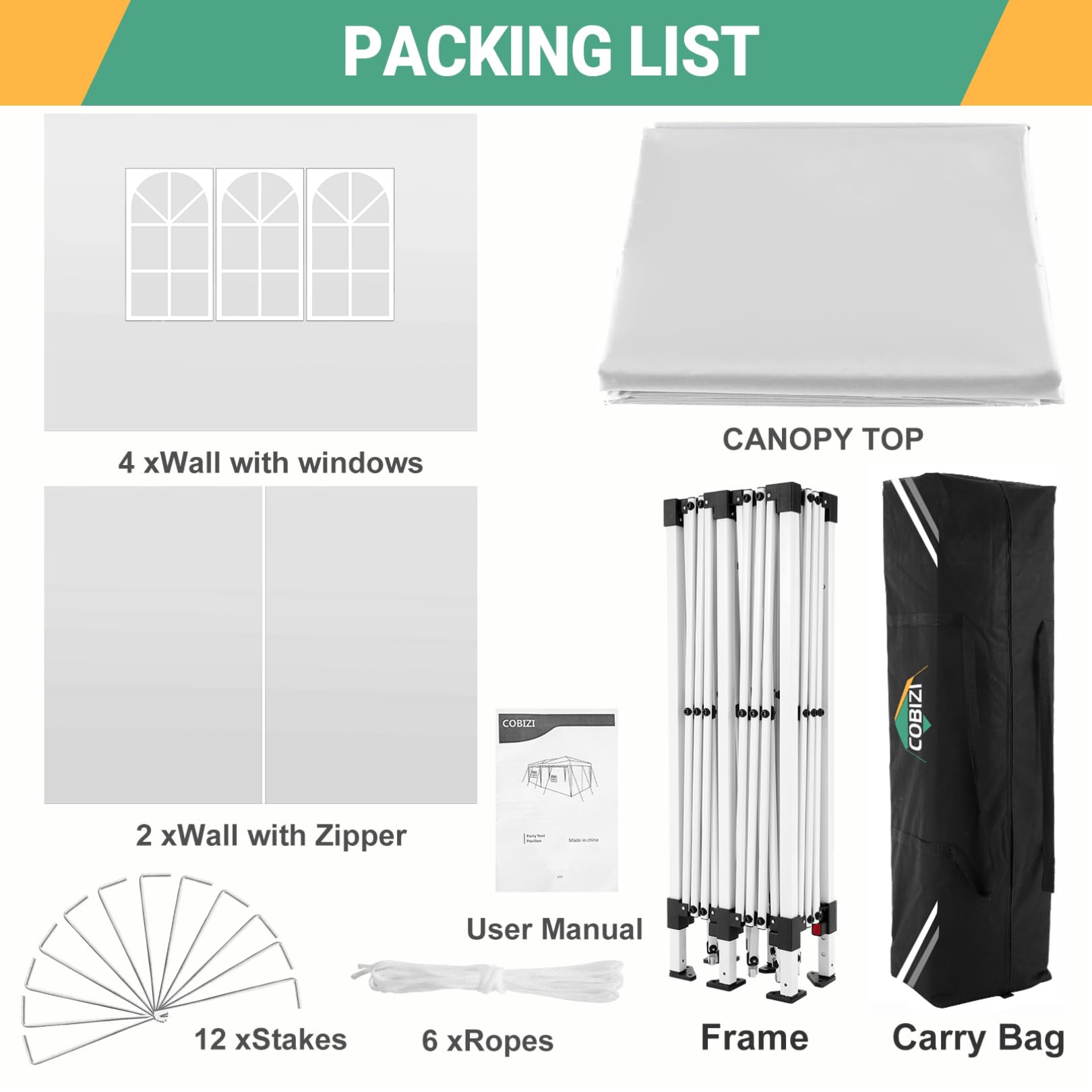 COBIZI 10x20 Pop Up Canopy Tent with 6 Sidewalls - Waterproof Outdoor Event Shelter, UPF 50+ Portable Gazebo for Beach, Camping, Weddings & Commercial Use - Instant Easy Setup White Canopy | Perfect for Parties, Picnics, Tailgating & Outdoor Markets