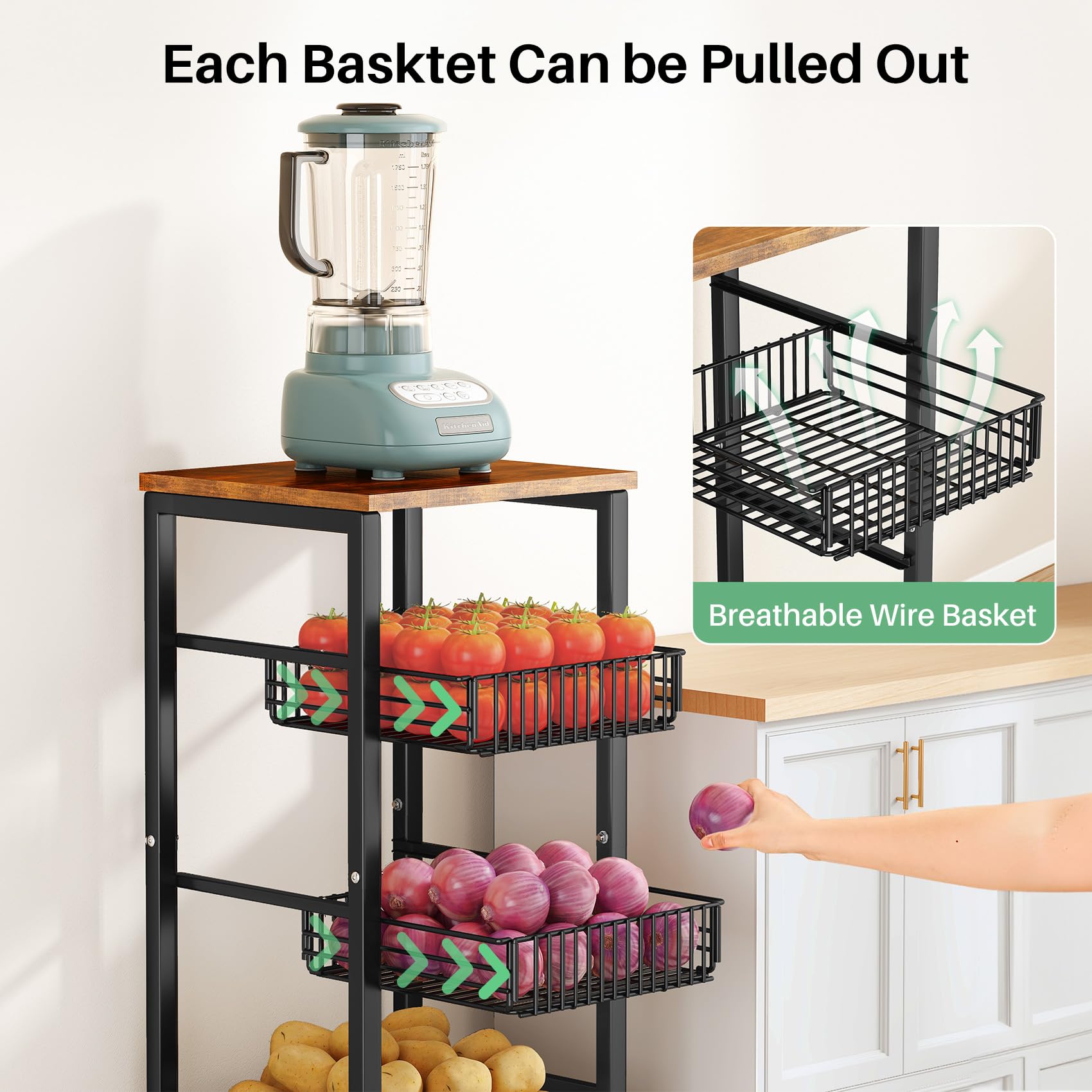SNTD Pull Out Metal Wire Basket with Wood Top - Kitchen Pantry Organizer for Fruits, Vegetables, Onions, Potatoes & Snacks | Space Saving Storage Solution for Countertop, Cabinet or Pantry