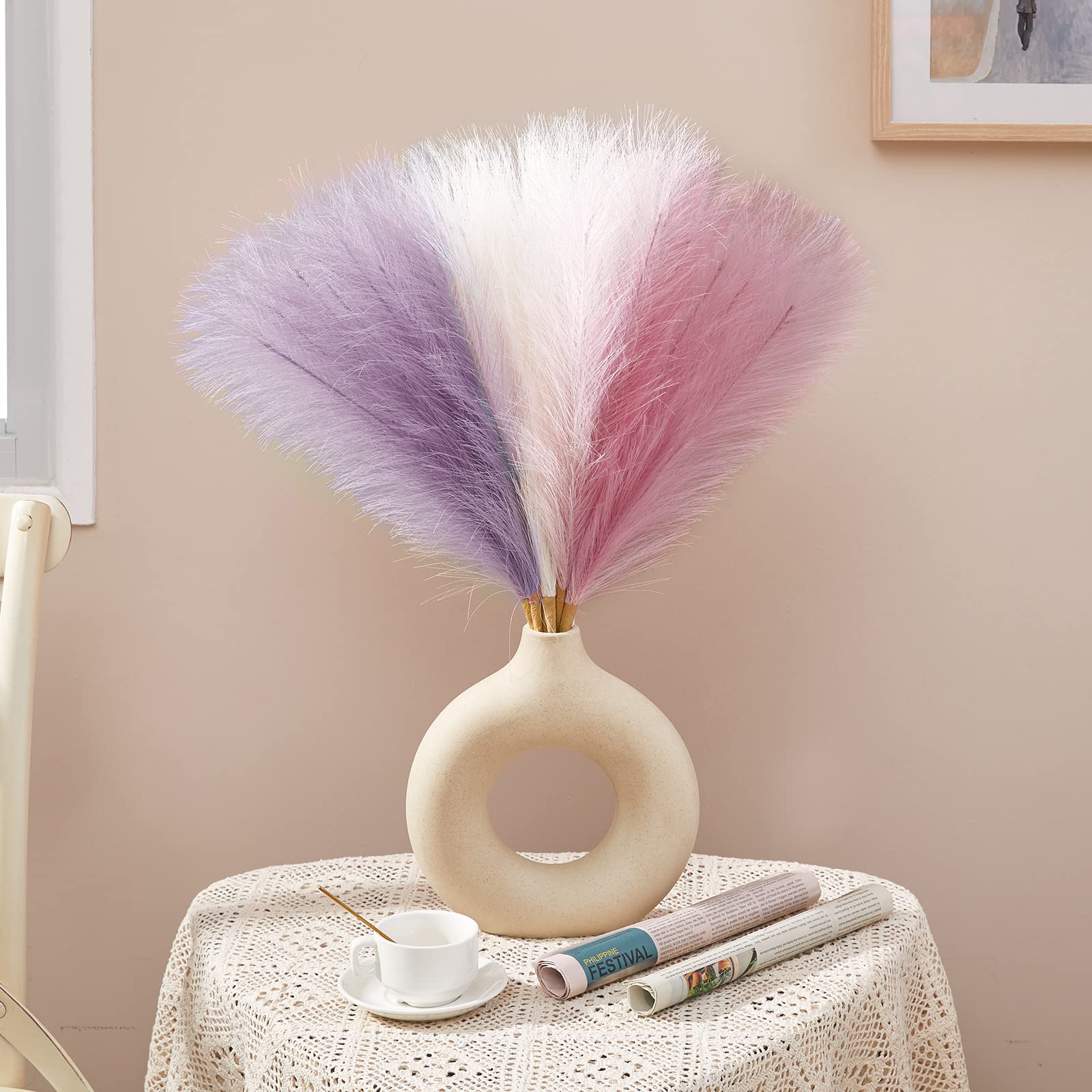 17 Inch Artificial Pampas Grass Decor (6pcs) - Purple Pink Faux Pampas for Boho Wedding & Home Decor | Vase Filler for Living Room, Bathroom, Bedroom & Office | Perfect for Centerpieces, Shelf Styling & DIY Floral Arrangements